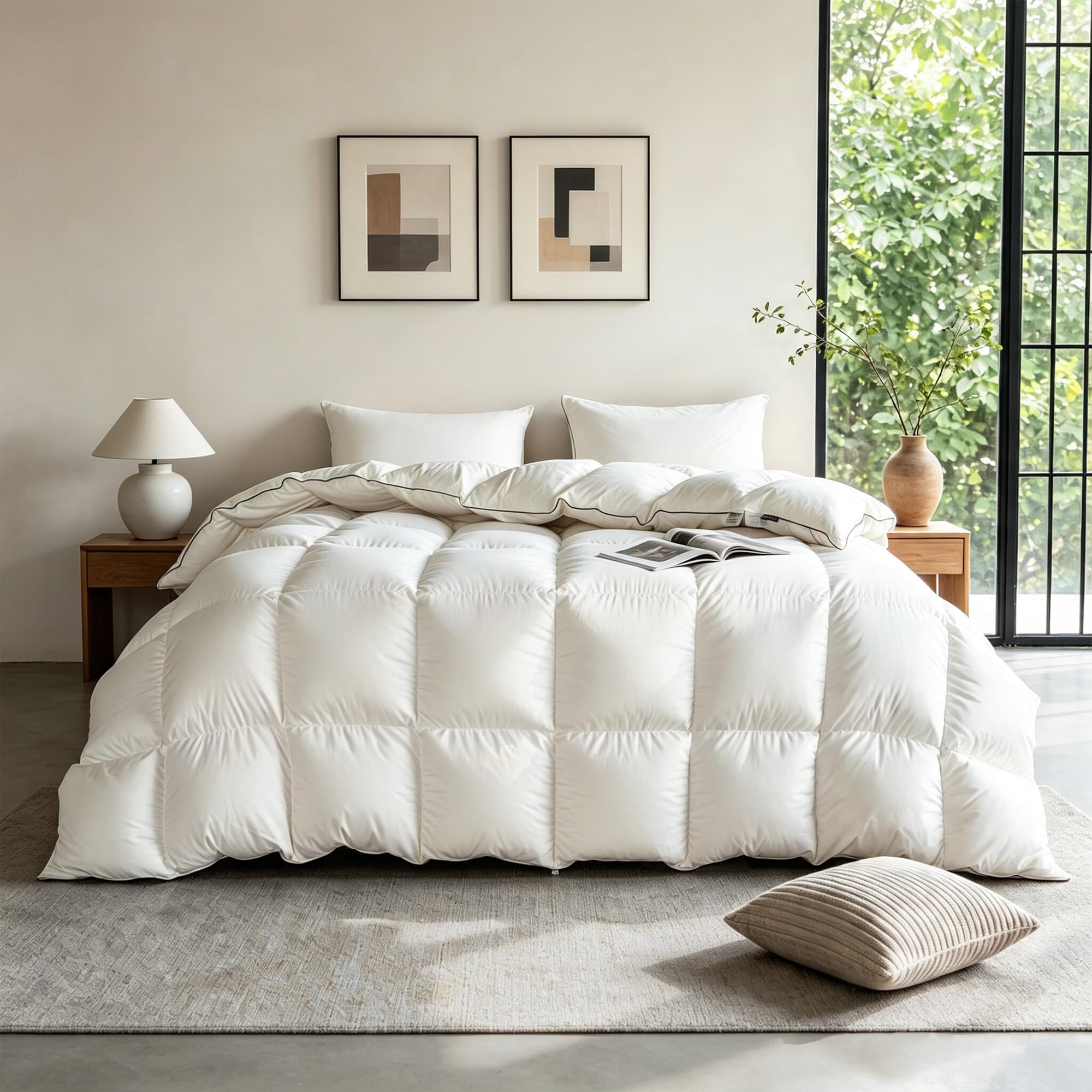 DOWNFORT Luxury White Goose Feathers Down Fiber Comforter Queen
