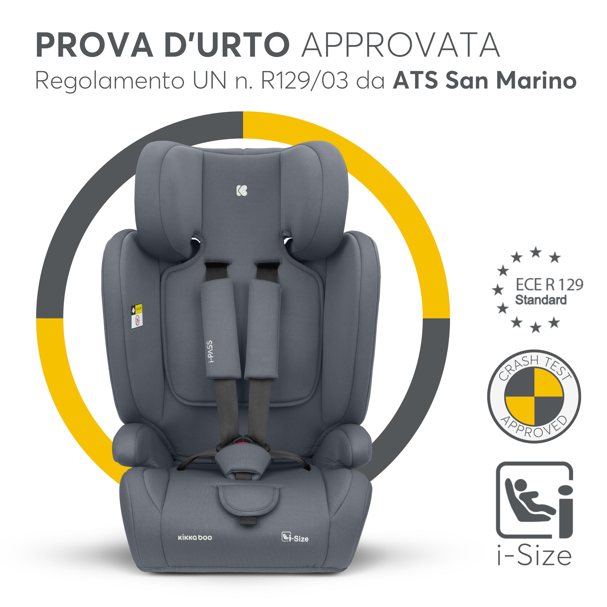 KikkaBoo i-PASS Seggiolino auto 9-36 kg senza ISOFIX, Gruppo 1 2 3 per bambini da 15 mesi a 12 anni, i-Size, altezza 76-150 cm, poggiatesta regolabile a 13 posizioni, Grigio
