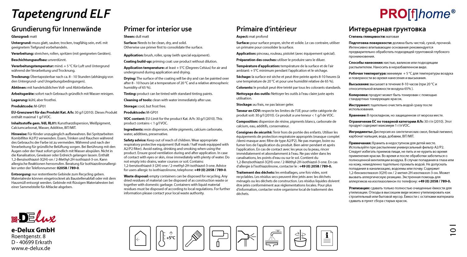 Profhome Tapetengrund ELF 300-21 weiß pigmentiert 10L – Tiefgrund Grundierung konservierungsmittelfrei für Vliestapeten Malervlies & Wand haftvermittelnd saugkraftregulierend matt bis 100m²