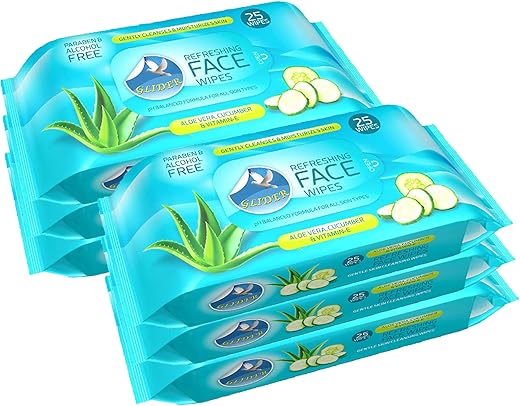 Glider Face Cleansing Wipes | Hydrating & Moisturising Facial Wipes with Cucumber, Aloe-Vera & Vitamin E | All Skin Types | 25 Wipes | (Pack of 6 (150 Wipes))