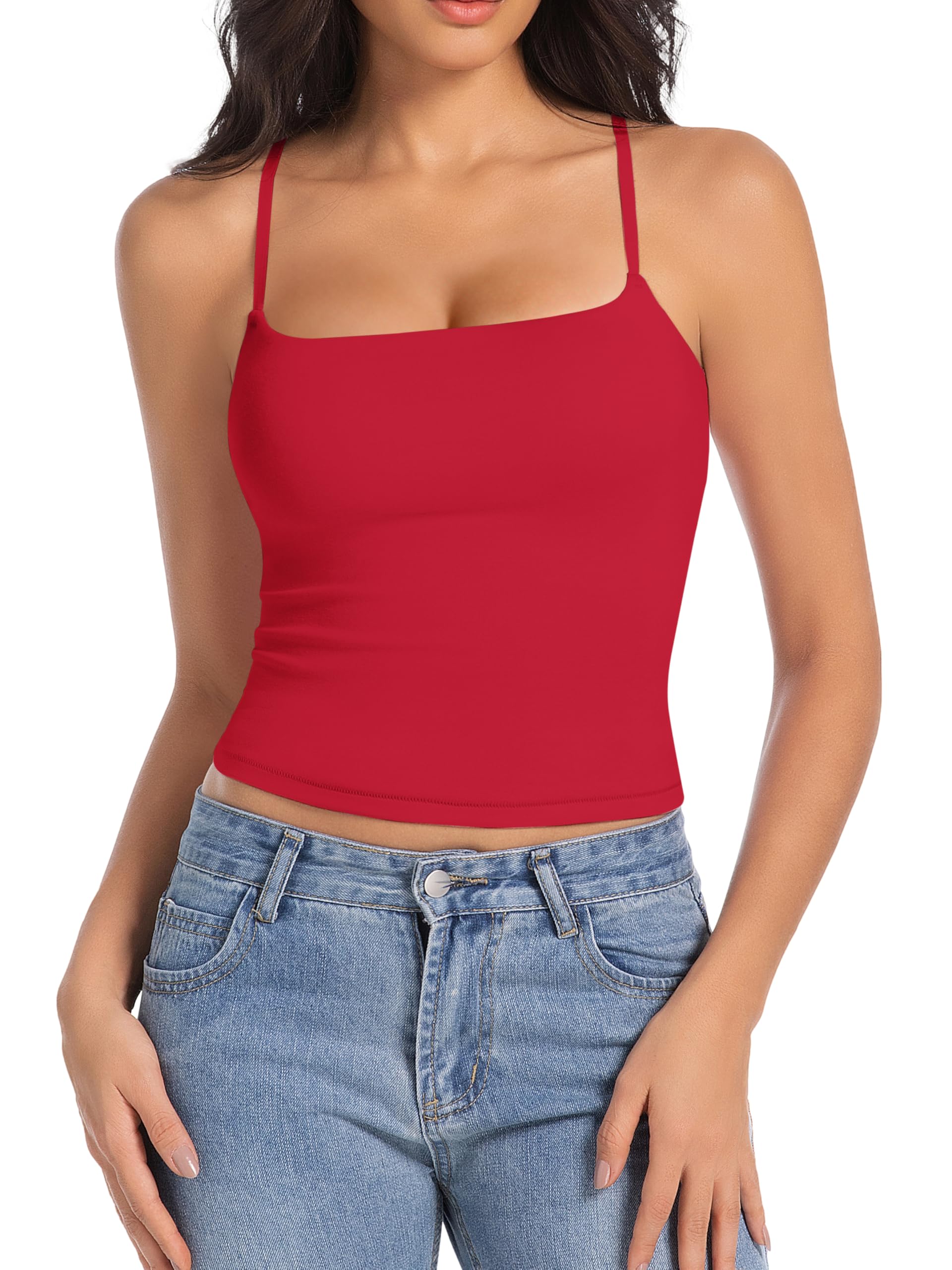 Abonlen Women's Sleeveless Adjustable Spaghetti Strap Tank Top, Red, Medium