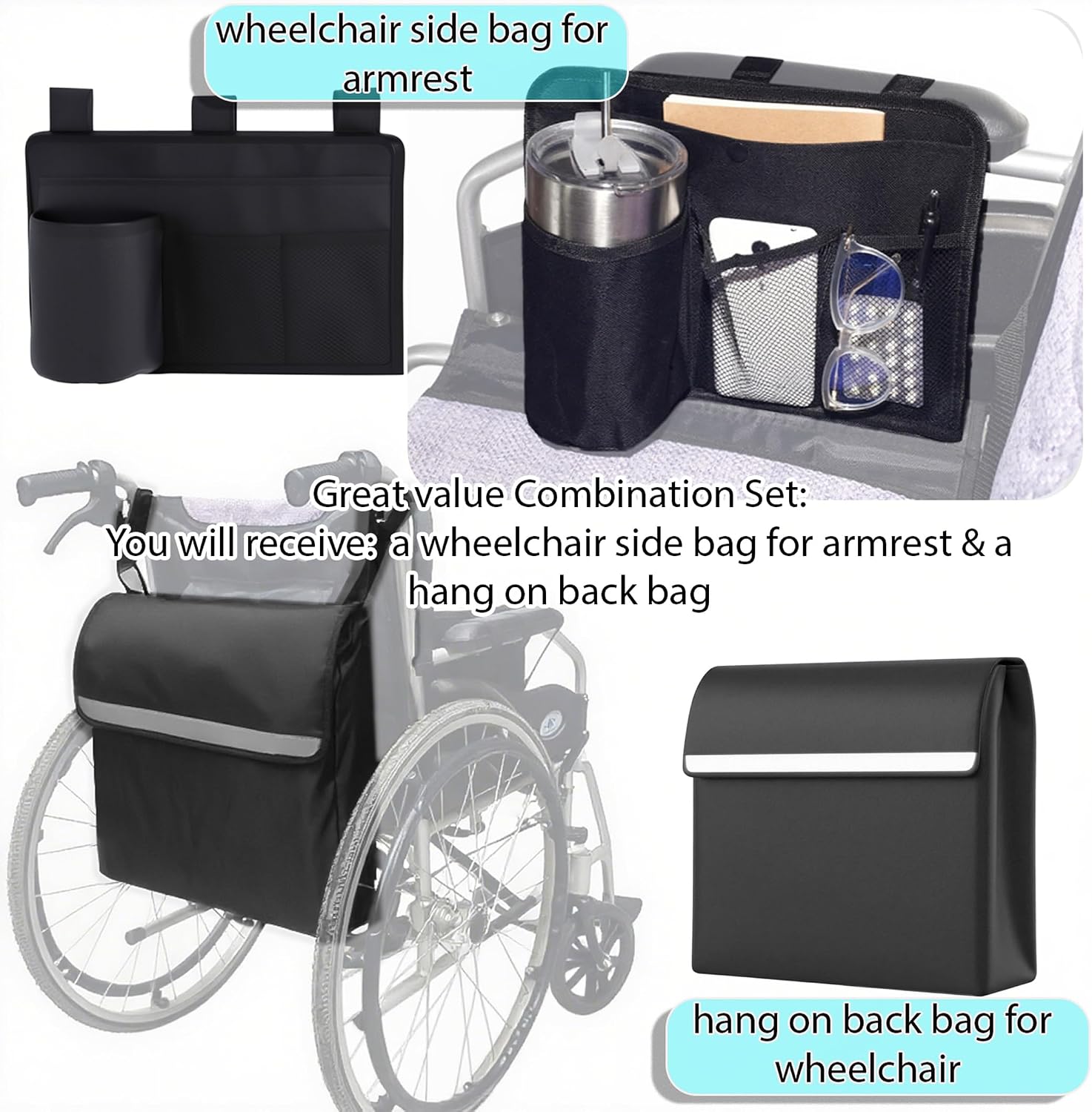 Wheelchair Accessories 2-Pack Set: Wheelchair Side Bag with Cup Holder & Back Bag - Fits All Wheelchairs | Wheelchair Bags to Hang On Side Armrest & Back, Wheel Chair Accessories (Side & Back Bag) image 2