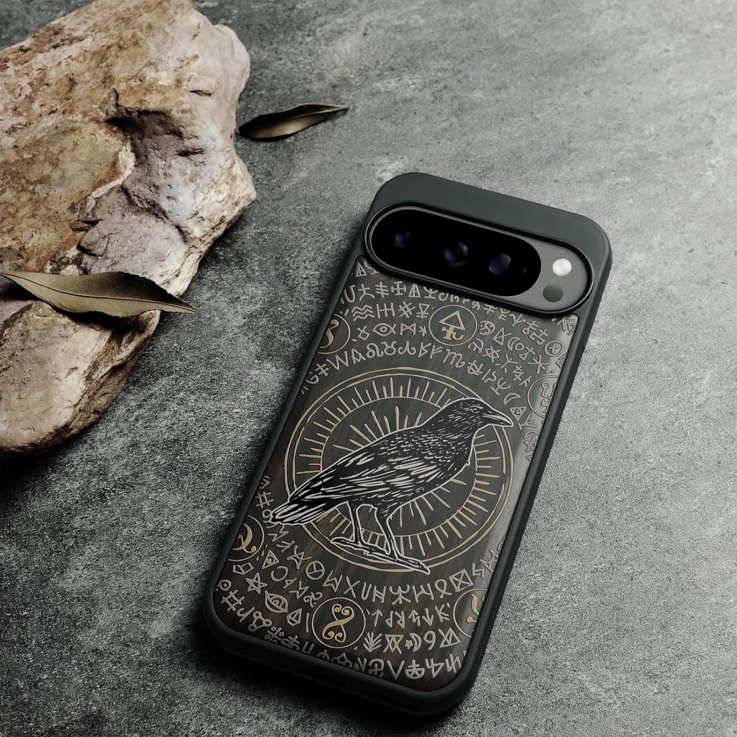 Magnetic for Google Pixel 10 Pro XL Case Compatible with MagSafe Wireless Charging, Natural Wood Cover & Shockproof TPU Phone Case, Dark Wood Hand-Drawn Pattern - Raven of Prophecy