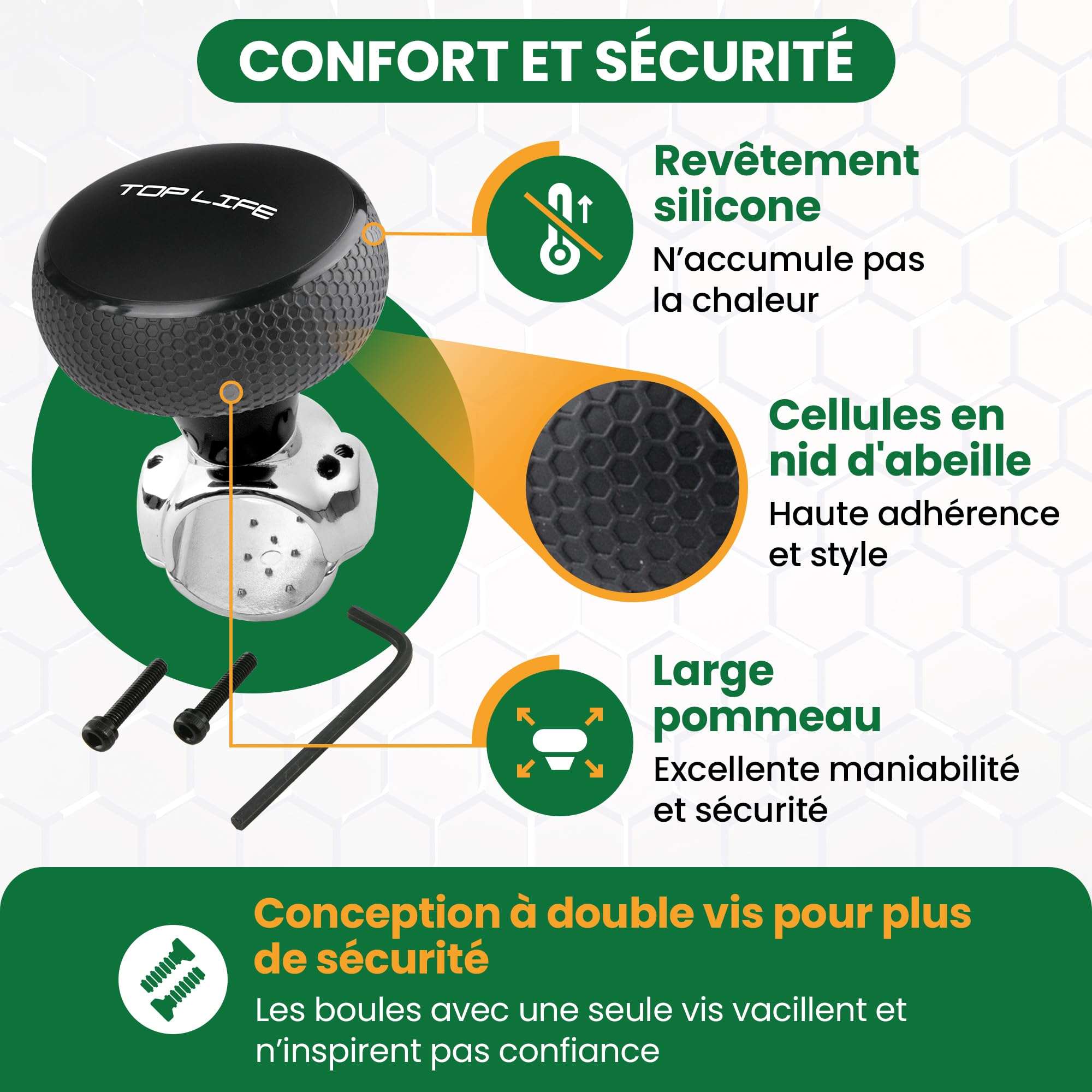 Boule de Volant Silicone - Meilleure Prise en Main - Compatible Tous Volants - Pommeau de Conduite pour Voiture, Tracteur, Tondeuse, Bateau, Auto