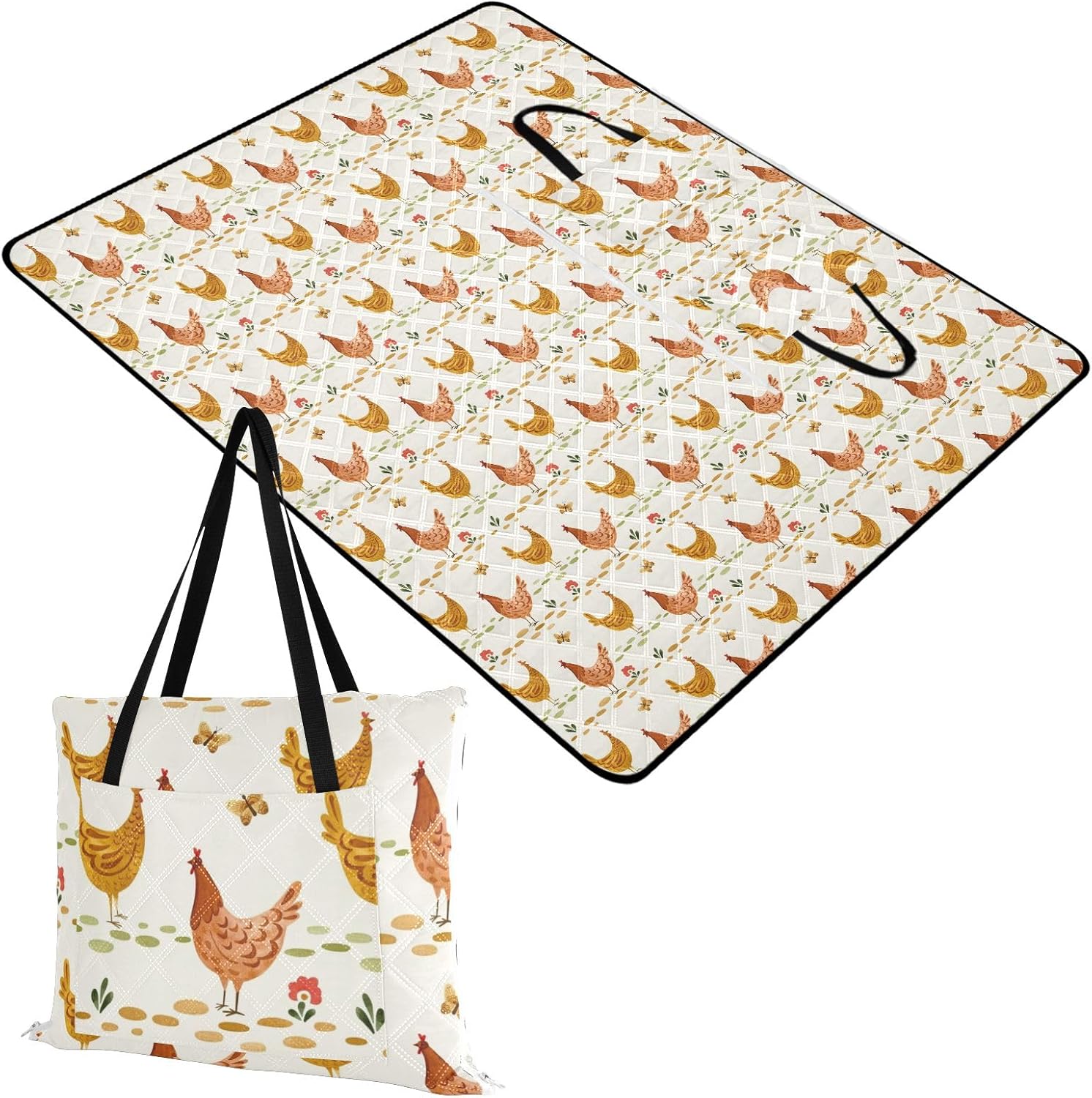 senya Picnic Blanket Beach Mat Picnic Blanket Sandproof Foldable Handy Mat Tote Mermaid Geometrical Ornament Large Outdoor Mat for Beach Travel Camping Hiking Park, 80X118in, Cute Chicken Butterfly