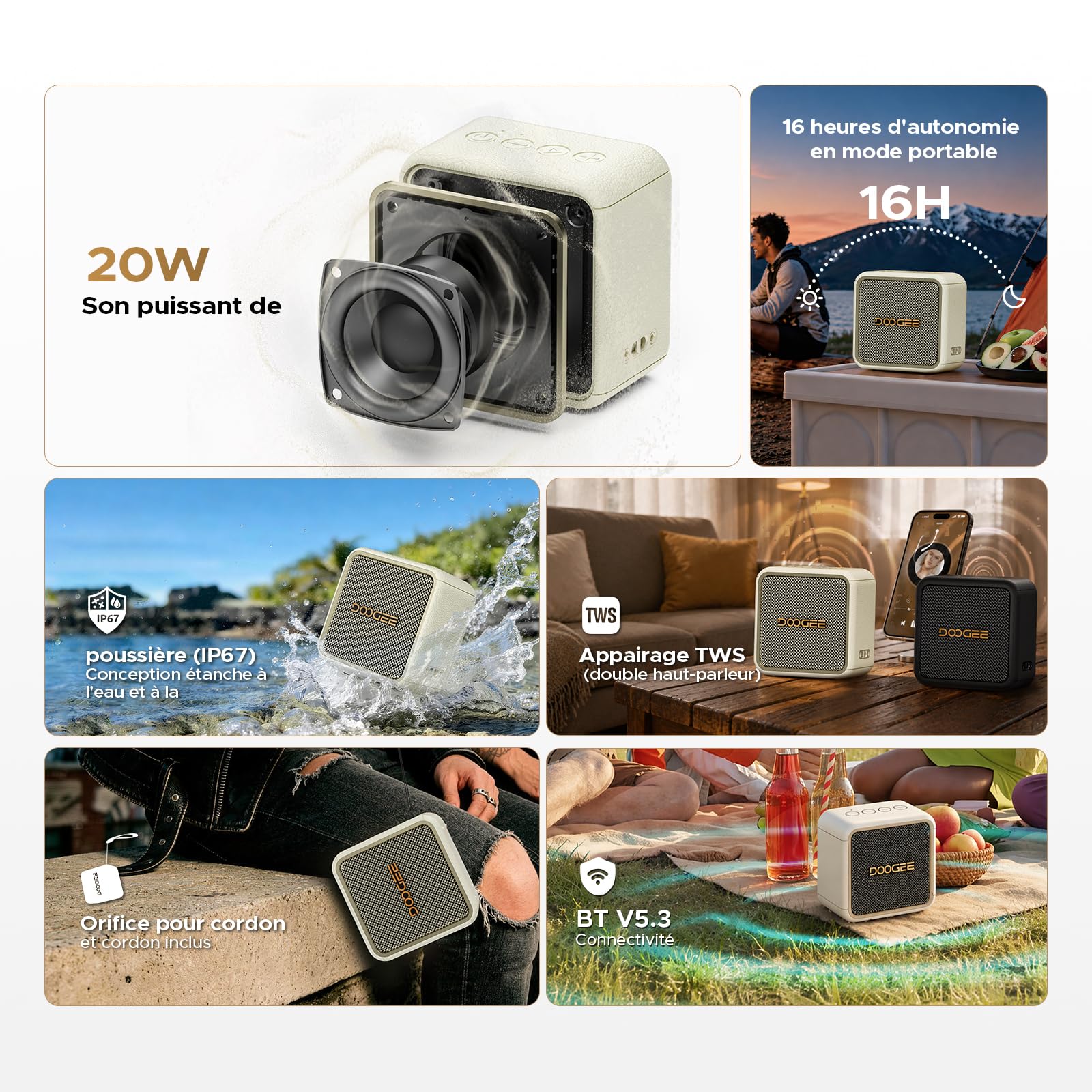 Enceinte Bluetooth Portable, Puissante Enceinte d'extérieur avec Basses Puissantes, Autonomie 16H, IP67 Etanche, Appairage TWS, USB,AUX,TF Carte, pour Fêtes, Voyage, Plage, Piscine - Blanc