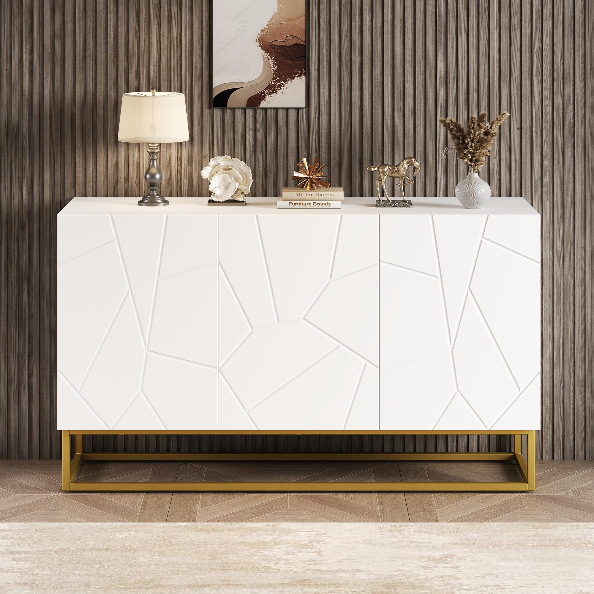 Merax Sideboard 130cm Breit, Moderne Küchenschrank mit 3 Türen, Hochglanz Buffetschrank mit Verstellbare Ablage, Küchenbuffet mit Designtüren, Metallbeinen, für Wohnzimmer Esszimmer Flur Eingang, Weiß