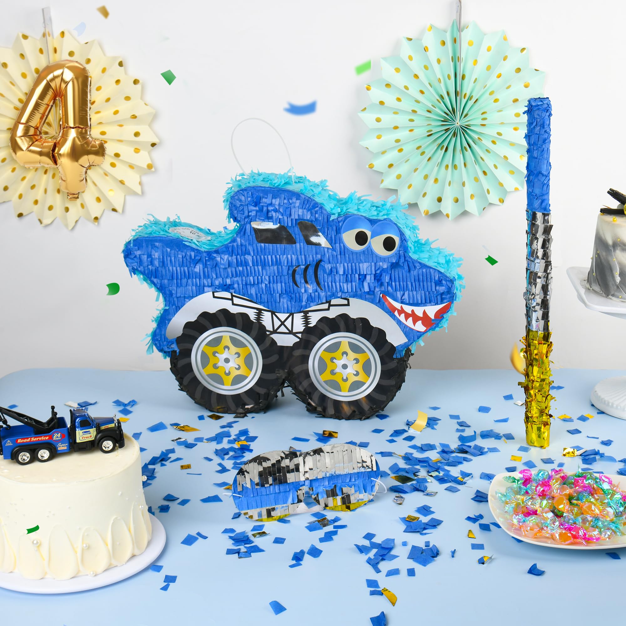 Paquete de piñata de camión monstruo de tiburón pequeño con venda, murciélago y confeti (16.5 x 12 x 3 pulgadas), perfecto para fiestas de cumpleaños, decoraciones de fiesta temática de monstruos