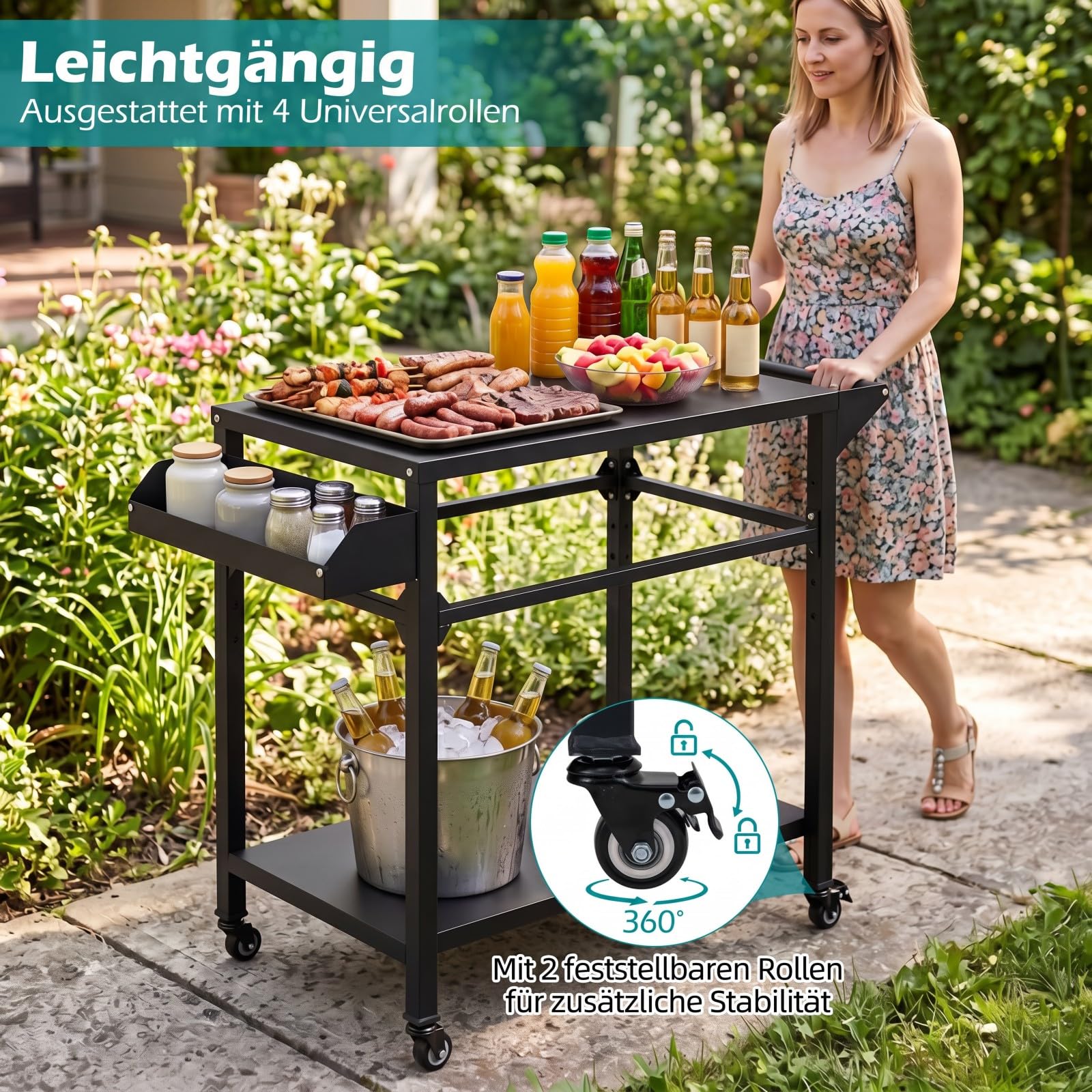 COSTWAY Grillwagen Outdoor, Grilltisch auf Rollen, Pizzatisch mit 2 Ablagen, Griff & Gewürzregal, Servierwagen Metall, Grill Beistelltisch wetterfest, für BBQ Partys, 100 x 45 x 80 cm, Schwarz