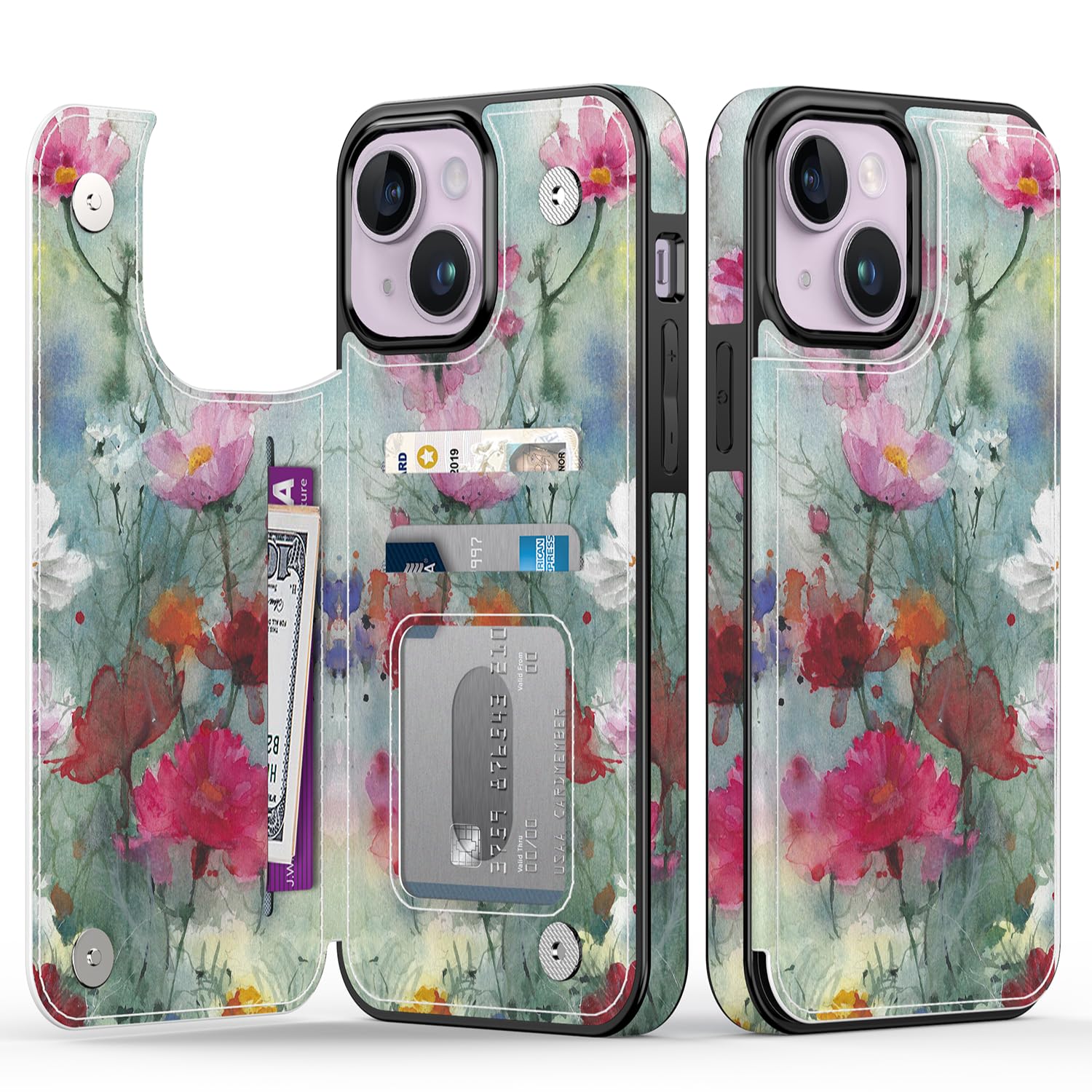 Goodon for iPhone 13 Mini Case Wallet - Flip Folio Leather Cover with Trendy Floral Design, 4 Card Slots & Kickstand Function, Stylish Protective