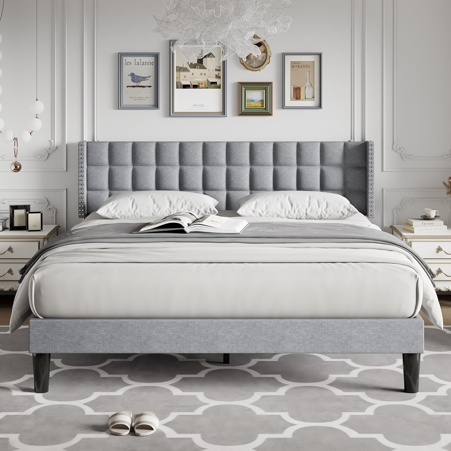 VECELO Headboard Queen Size, Linen Upholstered Headboards Only with Nailhead Trim Wingback, Square Stitched Design, Adjustable Height from 40" to 49.8", Light Grey