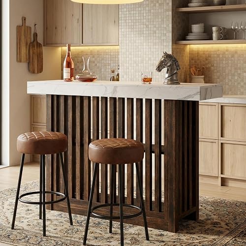 GarveeHome 63" Long Bar Table - Counter Bar Height Pub Table with 2 Tier Storage Shelves, Modern Coffee Breakfast Bar Unit for Dining Room, Bistro, Living Room, White + Walnut