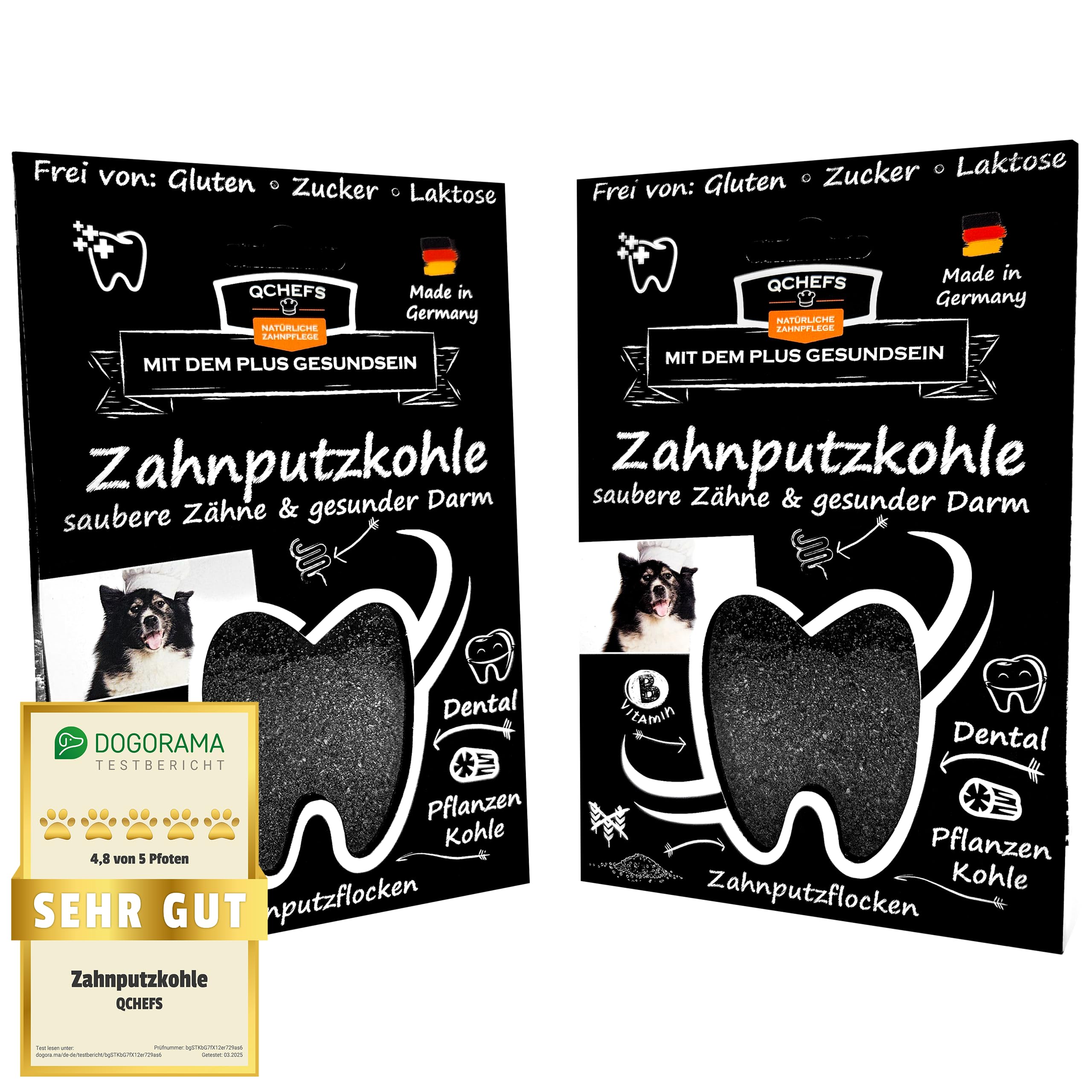 QCHEFS 2er Pack ZahnputzKOHLE für Hunde Pulver für Zahnpflege und Darmgesundheit zugleich bei Erbrechen, Blähungen und Durchfall