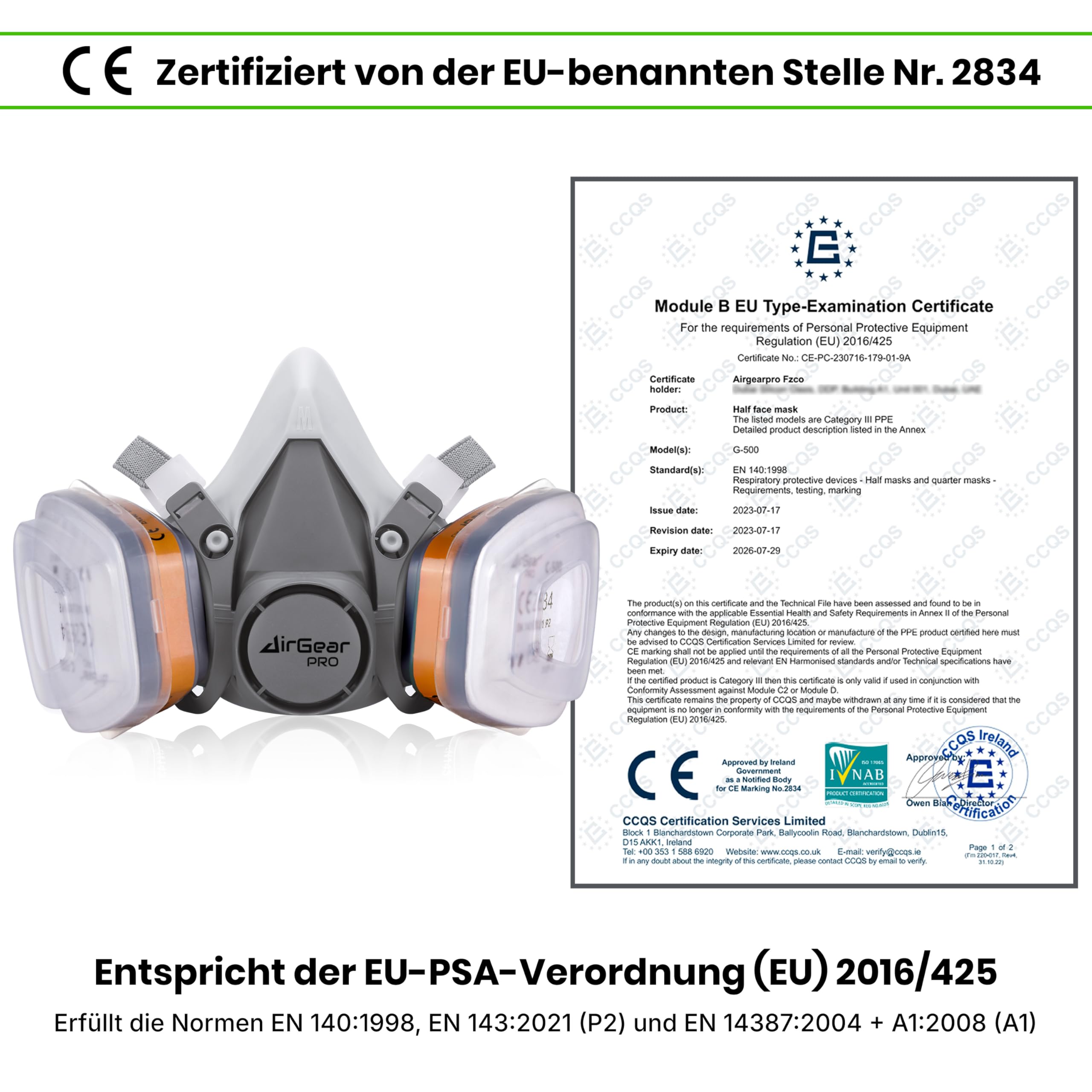 AirGearPro G-500 Atemschutzmaske mit A1P2 Filter, Gasmaske Staubfilter und Schutzbrille für Lackieren