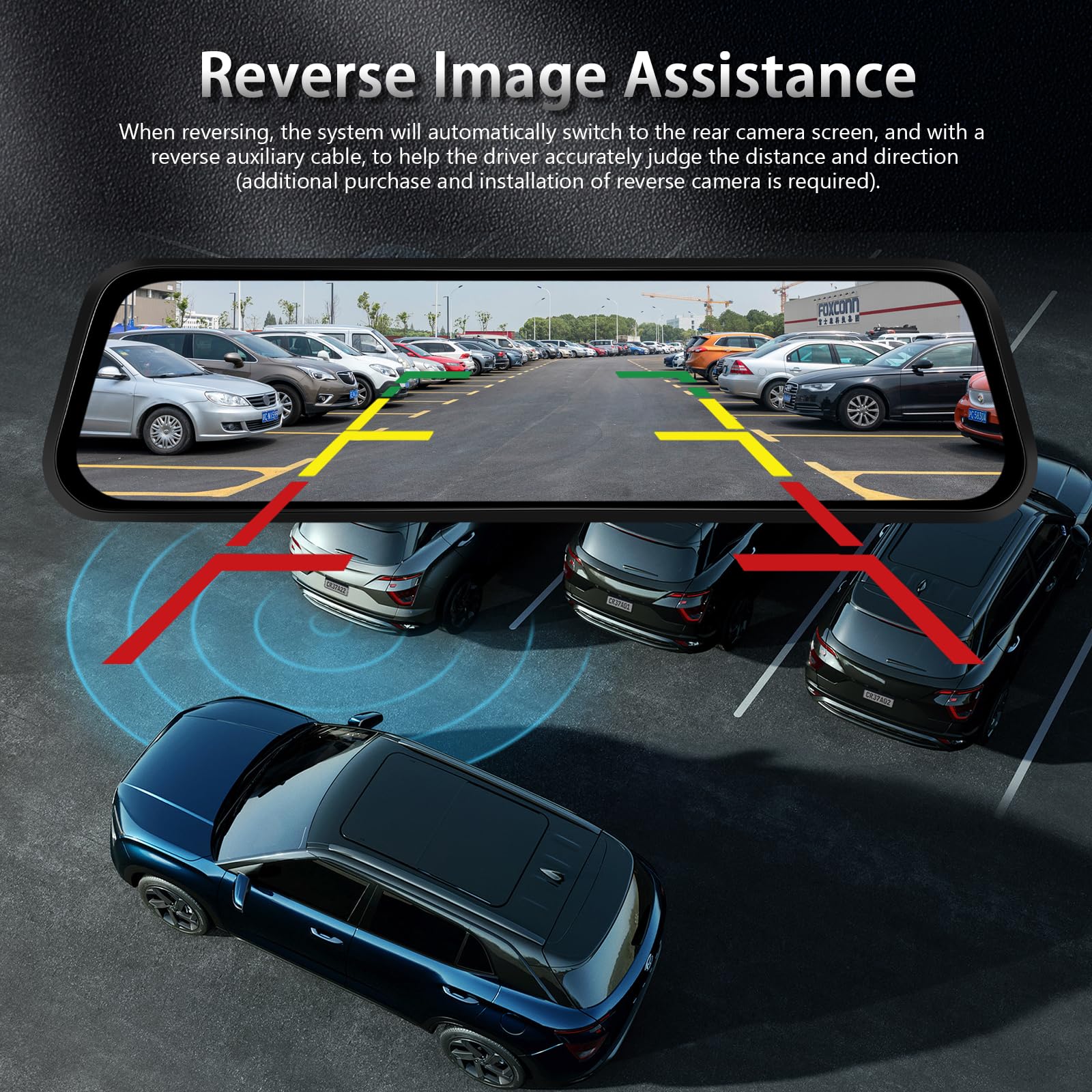 4K Podofo Dashcam Voiture Rétroviseur Écran Tactile, 9,66 Pouces Arrière et Avant Full HD 150° Avant + 120° Arrière Media DVR avec Super Vision Nocturne/G-Sensor/Capteur G/Monitor+Caméra de Recul