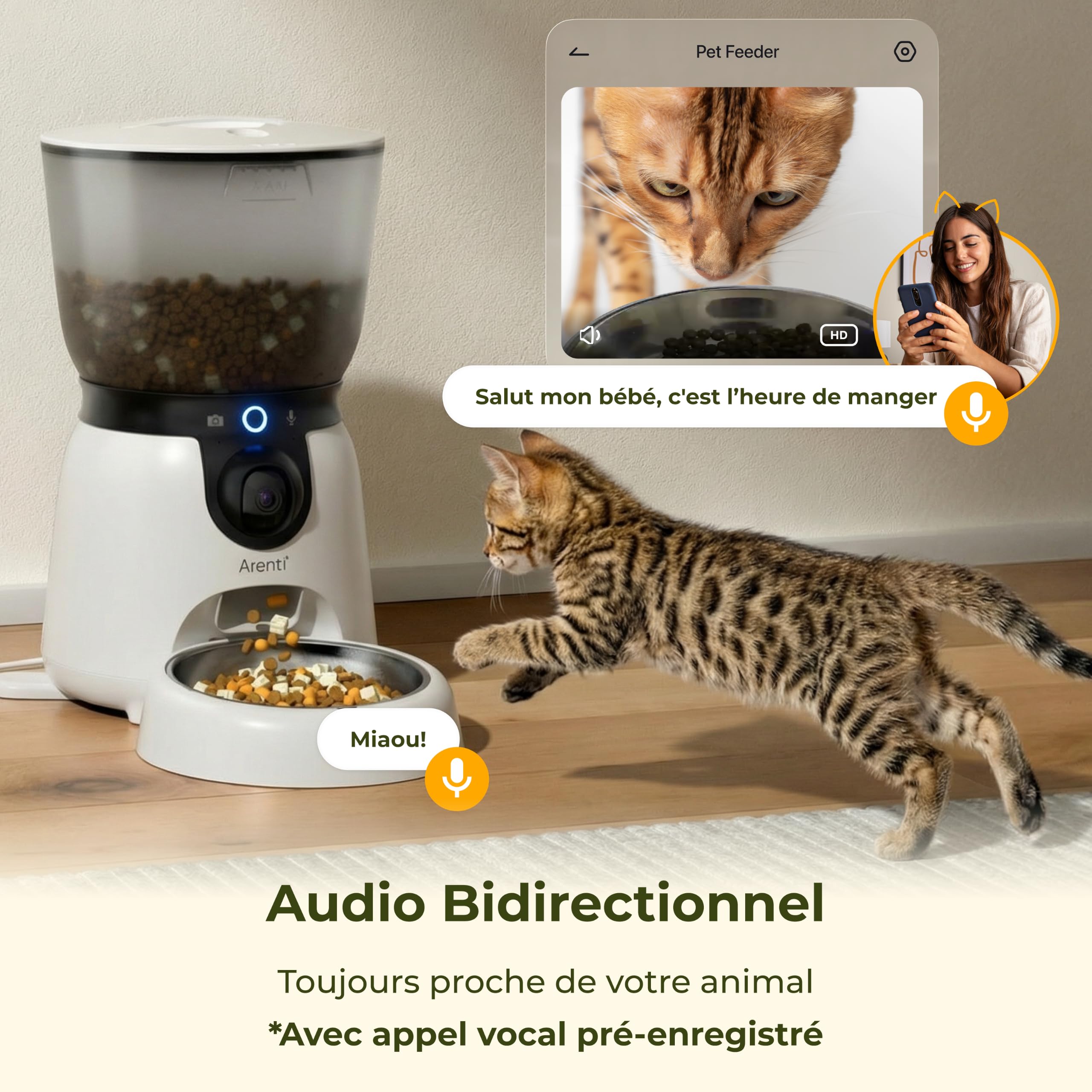 Distributeur Automatique pour Chat/Chien avec caméra 2K, Wi-FI 5G, 4L, Programmation, capteurs Faible Niveau & Blocage, Audio 2 Voies, Vision Nocturne, alertes aboiement & Mouvement