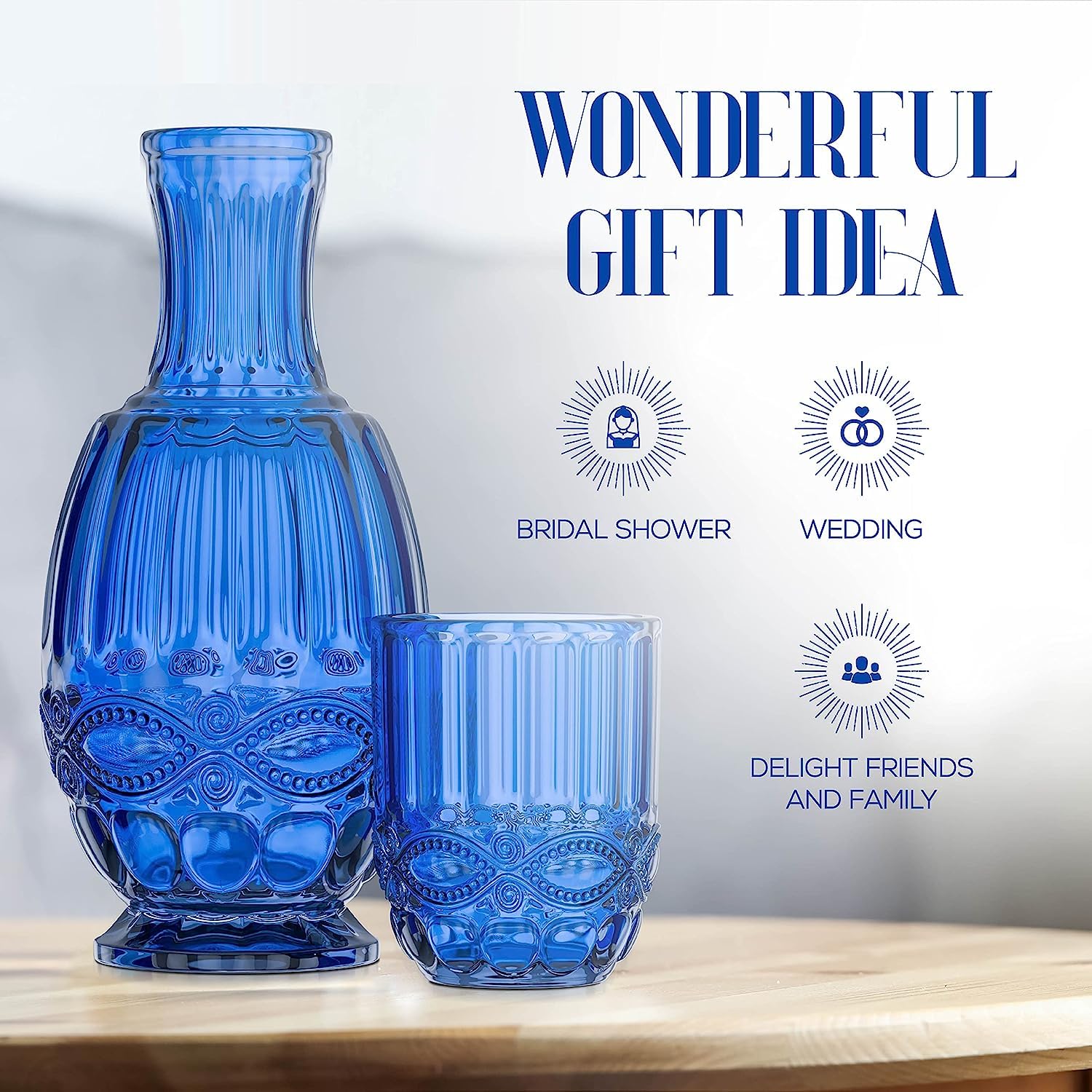Jarra de agua para mesita de noche con vaso | Jarra de 33 onzas y vaso a juego | Úsalo como tapa para jarra | Para habitación de invitados, mesita de noche, oficina o regalo | Azul | Elle Decor