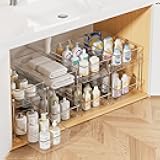 Vtopmart 4 Pack Bathroom Organizer, 2 Tier Clear Under Sink Organizers Vanity Countertop Storage Container,Cabinet Drawers Bins, Pull-Out Organization with Track for Pantry, Kitchen