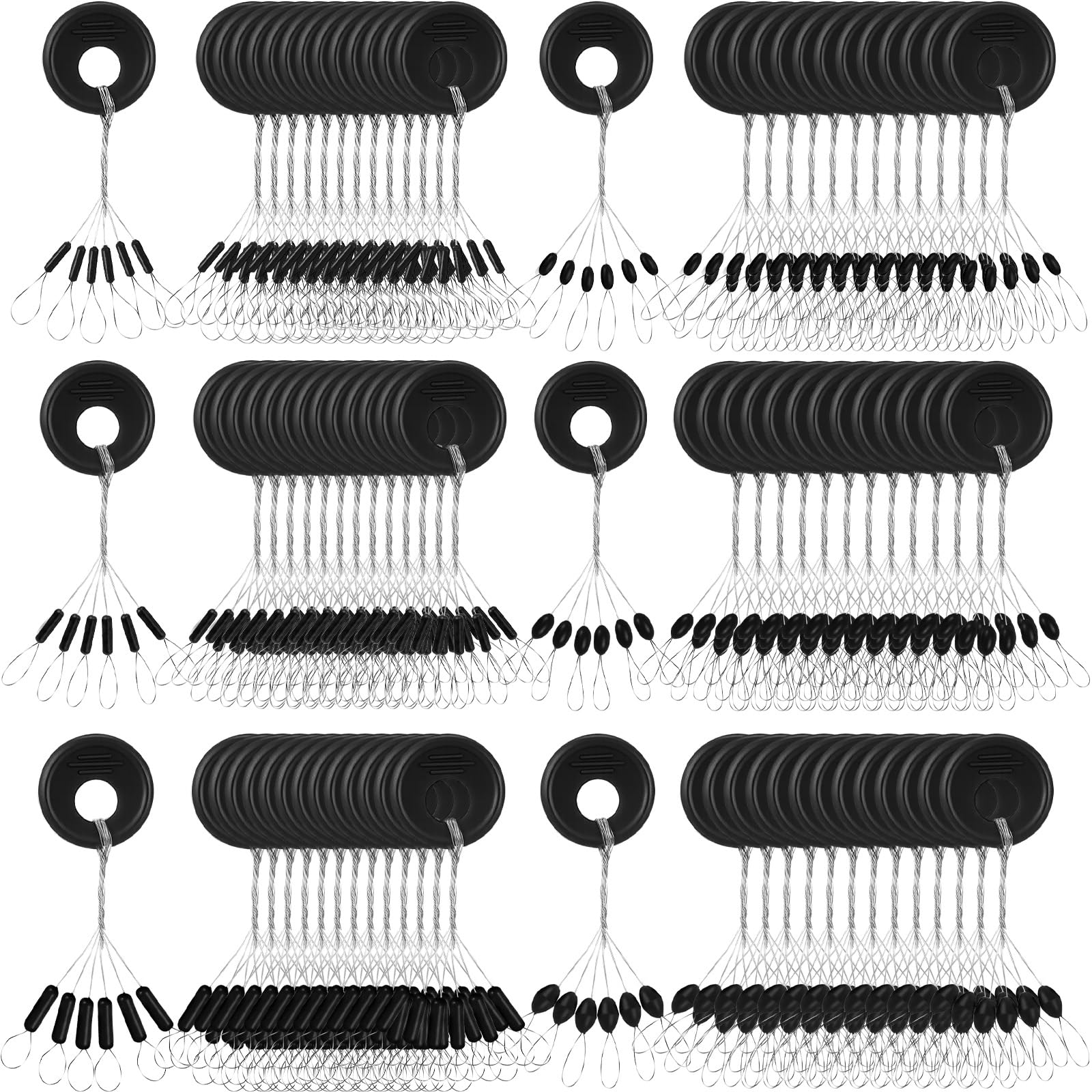 Arrowbash 3600 Pcs Fishing Bobber Stoppers 6 in 1 Black Rubber Float Sinker Stops, Oval and Column Beads Bobber Stops, l M S Size Float Stop