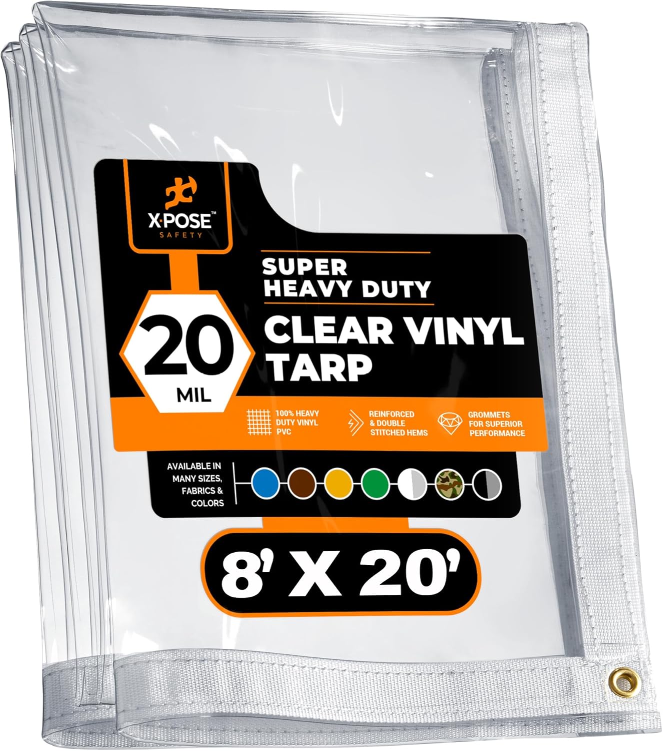 8' x 20' Clear Vinyl Tarp - Super Heavy Duty 20 Mil Transparent Waterproof PVC Tarpaulin with Brass Grommets - for Patio Enclosure, Camping, Outdoor Tent Cover, Porch Canopy - by Xpose Safety 20 Mil 8 Feet x 20 Feet