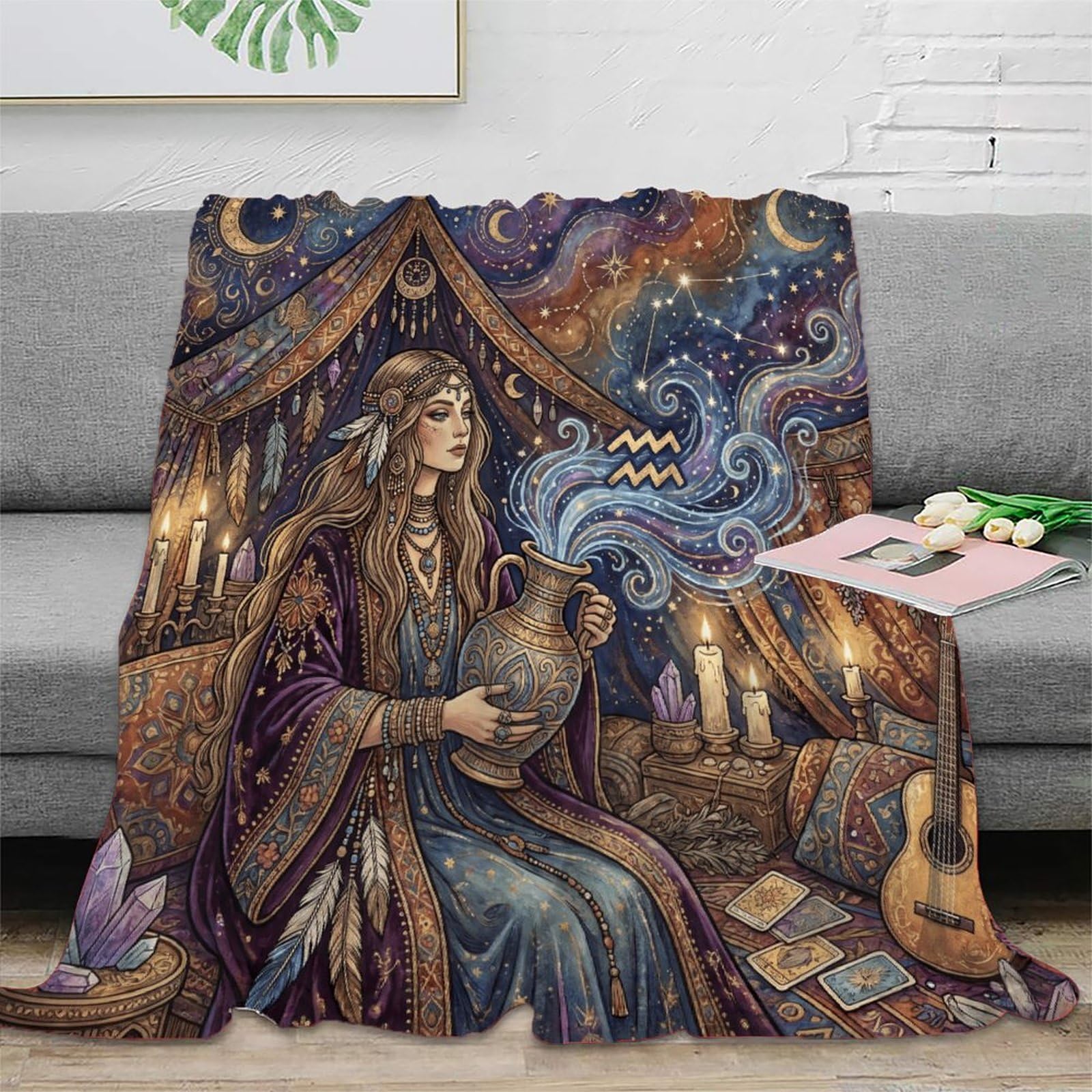 W7C8U2X3 Aquarius Zodiac Bohemia for Flannel Throw Blanket, Office Nap Use