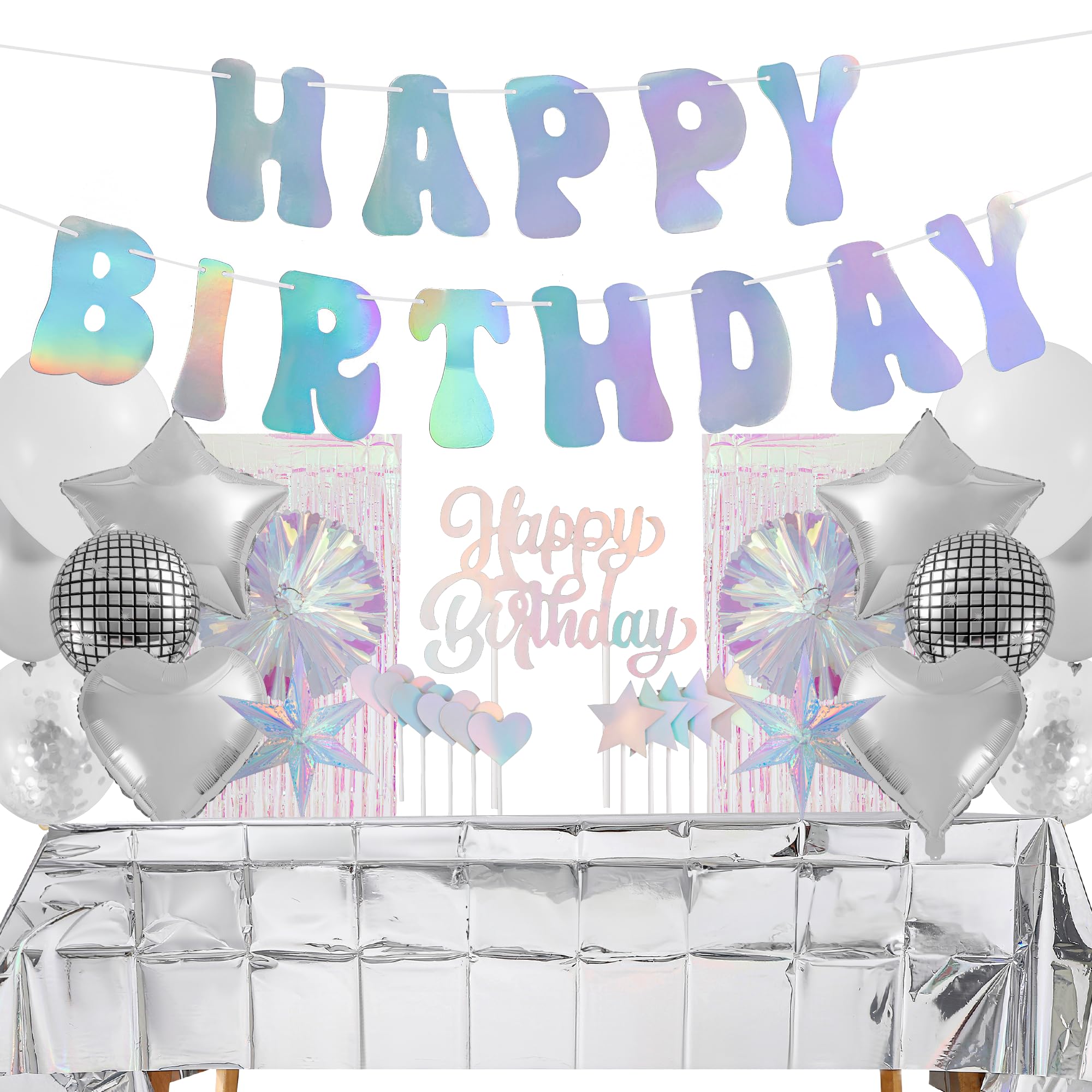 ecoZen Disco Decorations Set - Iridescent Party Supplies with Banner, Cutlery, Cupcake Toppers, Disco Ball Balloons - Great for Birthdays, Bridal Showers, Family Events, and Funfilled Celebrations
