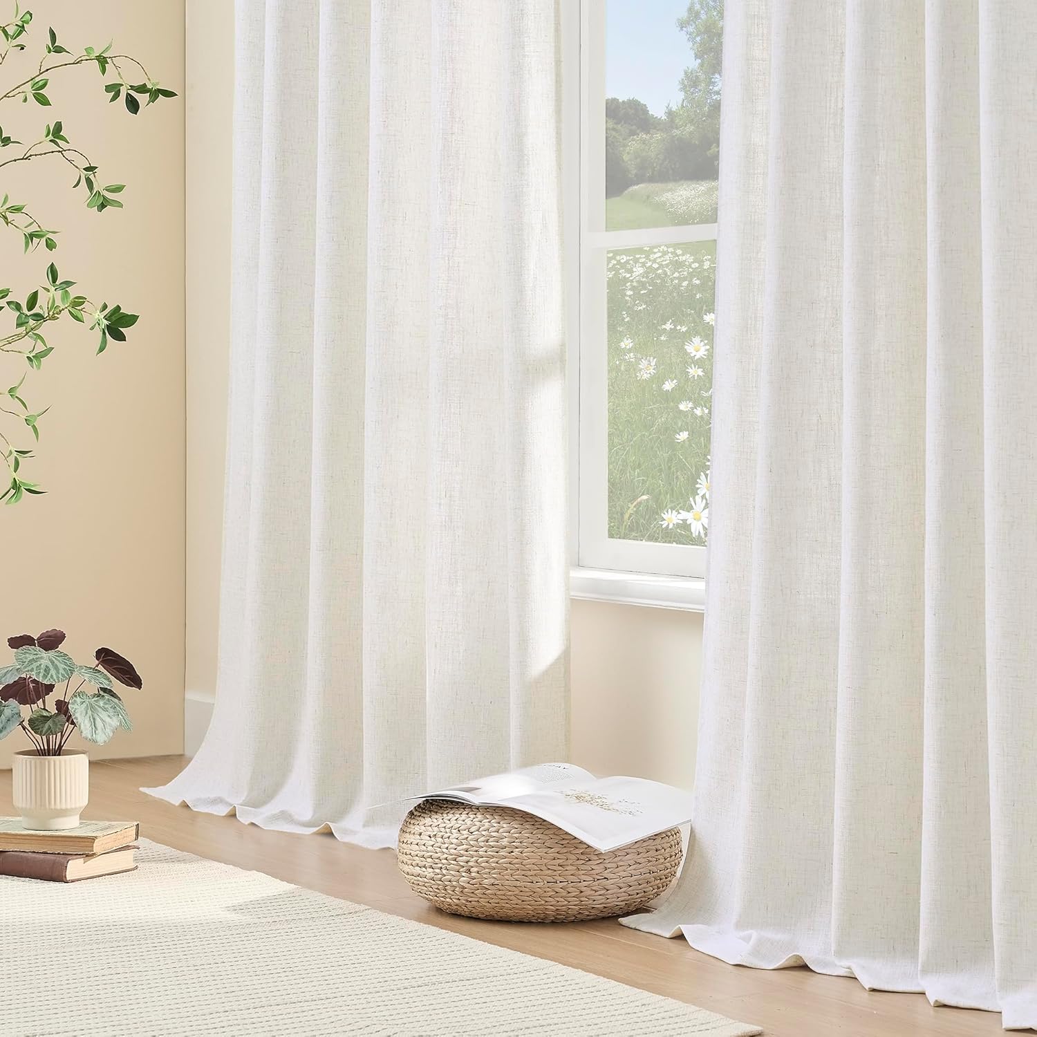 Pinch Pleat Cafe Curtains 45 inch Length Linen Pinch Pleat Curtain for Kitchen Thick Linen Cottage Core Sheer Curtain Light Filtering Privacy for Kitchen/Cafe Small Window Back Tab Drape