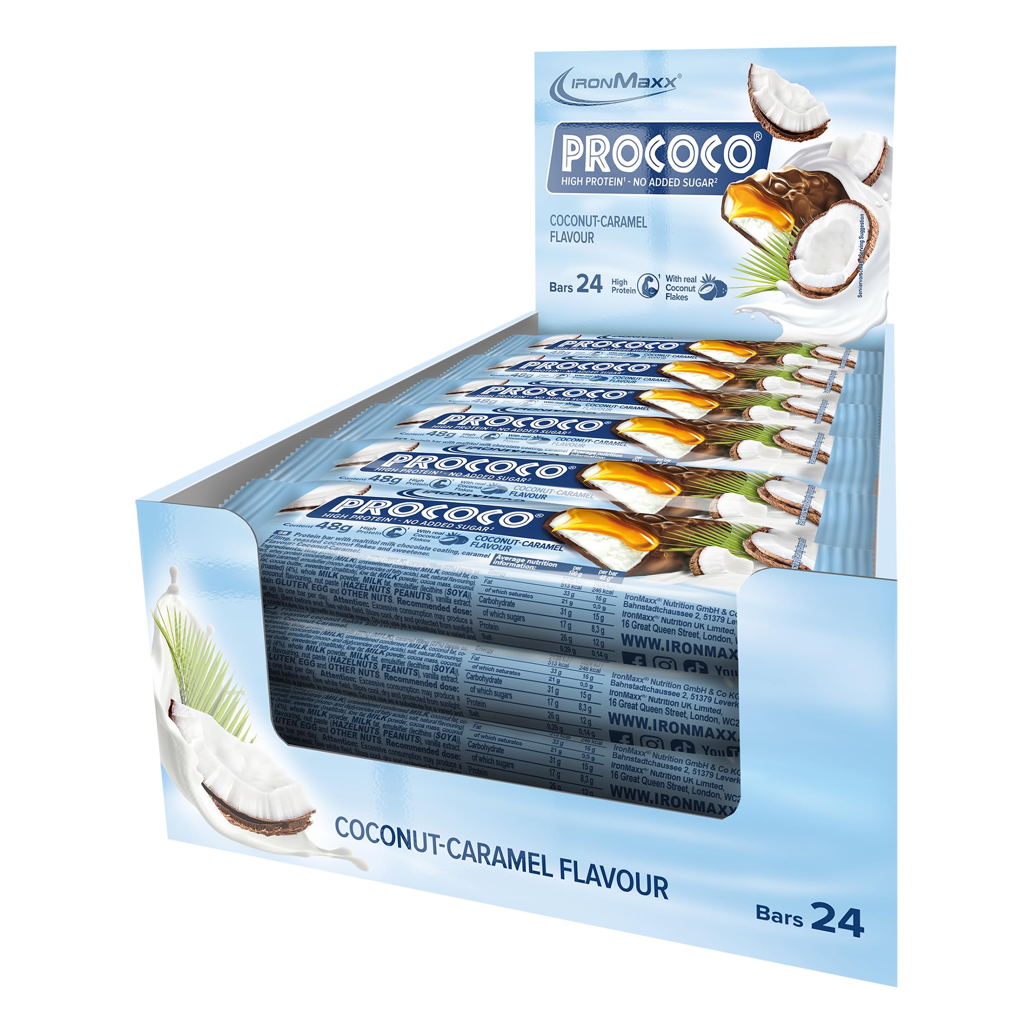 IronMaxx Prococo - Barritas Proteicas Coco y Caramelo 24 x 48 g | Alto en Proteínas 12 g | Sin Azúcar Añadido | Snack Saludable On-the-Go y Post-Entrenamiento