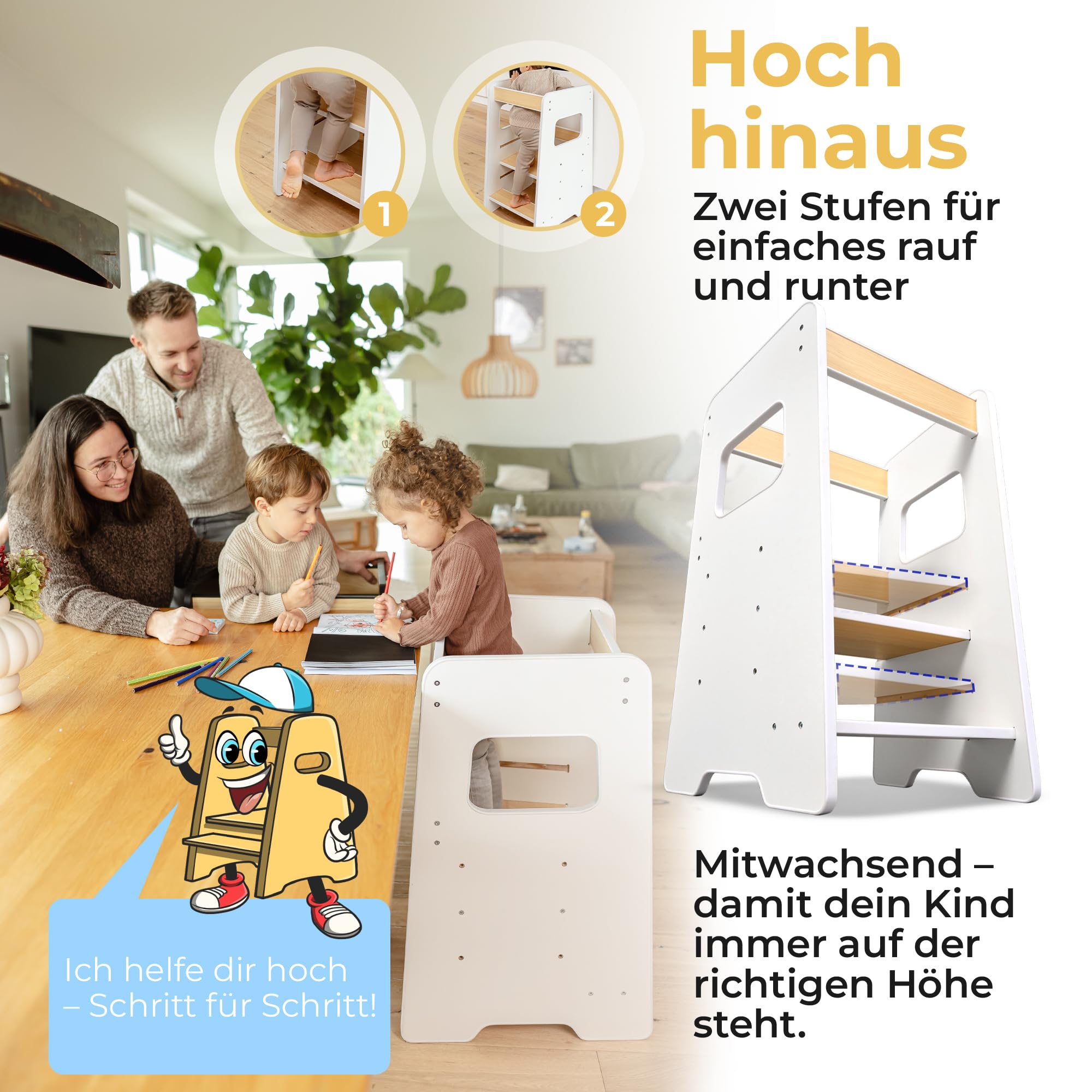 Lernturm für Kinder ab 1 Jahr – Mit Aktivitätskarten für echte Nutzung im Alltag, sicherer Learning Tower mit Wobble Stop Design, 2 Stufen & höhenverstellbar für Küche & Bad | Montessori (Weiß)
