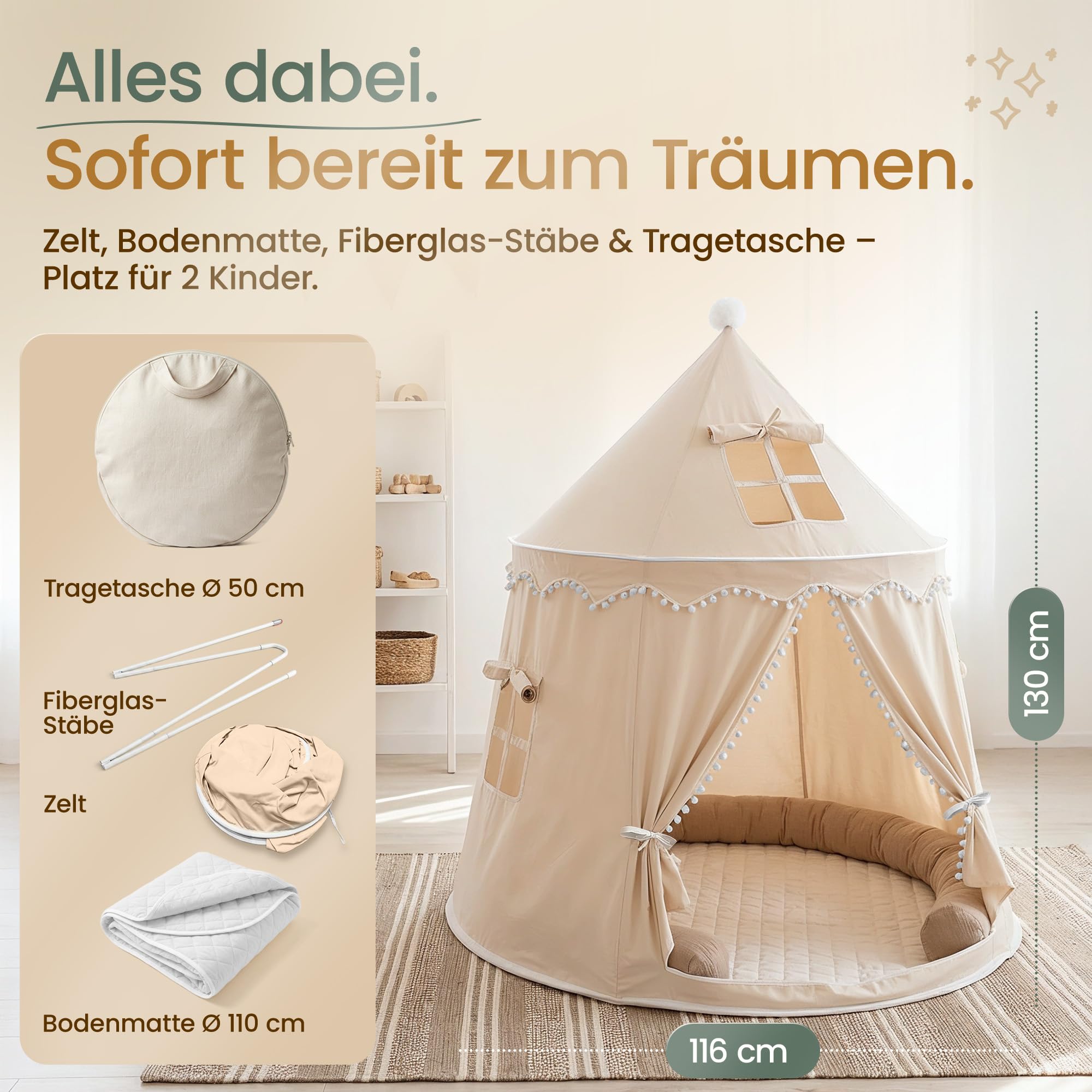 Spielzelt Kinder aus weichem Silky-Cotton in Warmbeige 110x110x130cm | Kinderzelt Indoor mit TripleAir-Effect, gemütlicher Bodenmatte & Tragetasche | stabile Kuschelhöhle fürs Kinderzimmer