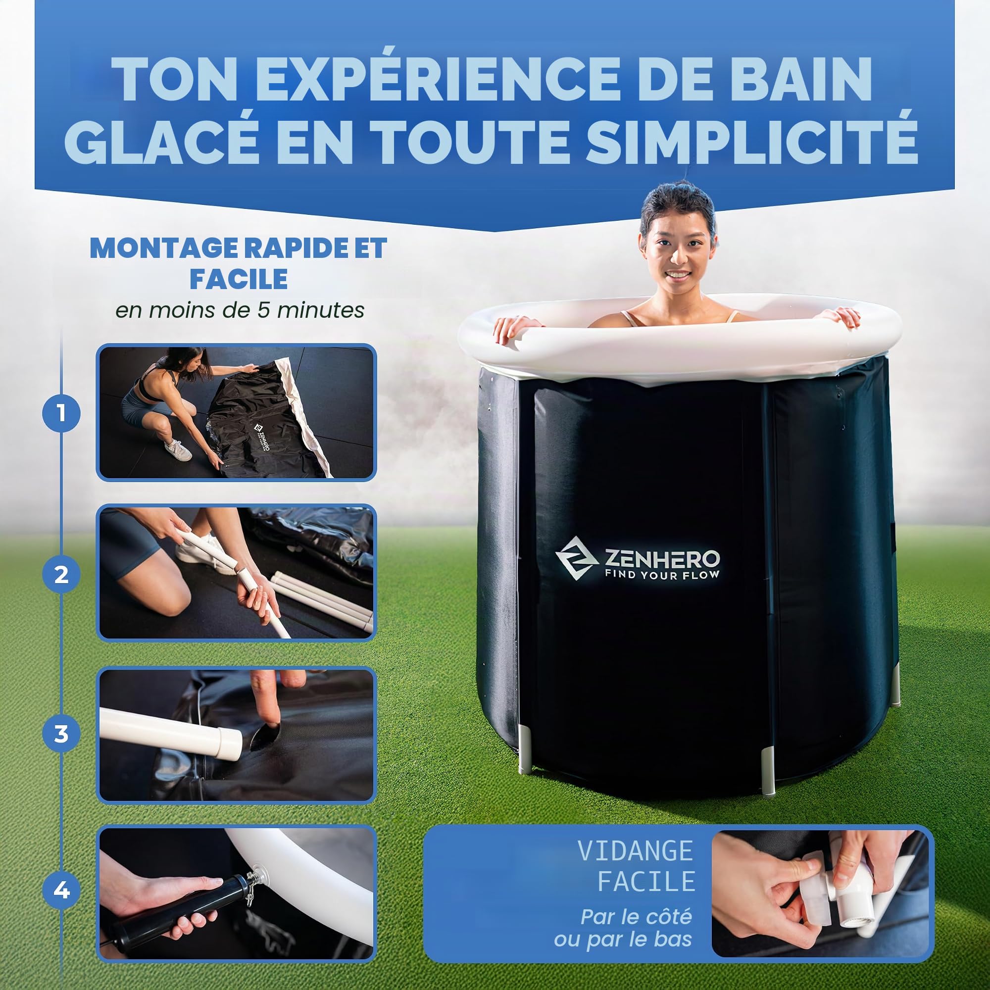 Zenhero Bain de glace avec thermomètre pour athlètes, tonneau cryothérapie - Baignoire gonflable pliable pour adultes - Intérieur/extérieur