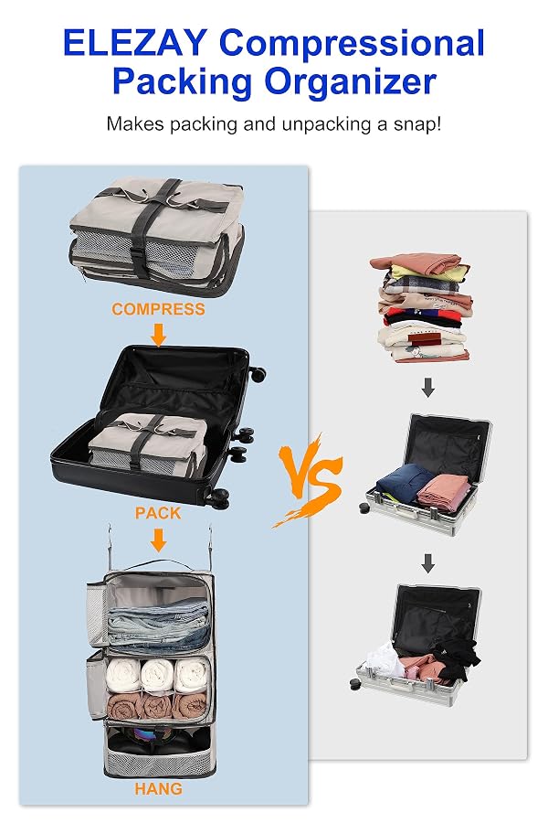 ELEZAY Hanging Packing Cubes Portable Closet 3-Shelf Travel Collapsible Compression Garment Organizer for Carry-on Luggage Suitcase Space Saver Bag X-Large_No Side Pockets, Lightgrey by ELEZAY - Used condition - Image 2