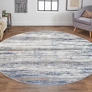 KOZYFLY Modern Abstract Round Washable Rug 5Ft, Non-Slip Soft Kitchen Bathroom Circle Rug, Grey-Blue Striped Entryway Rugs Abstract Faux Wool Doormat for Bedside Entrance Bedroom Sink