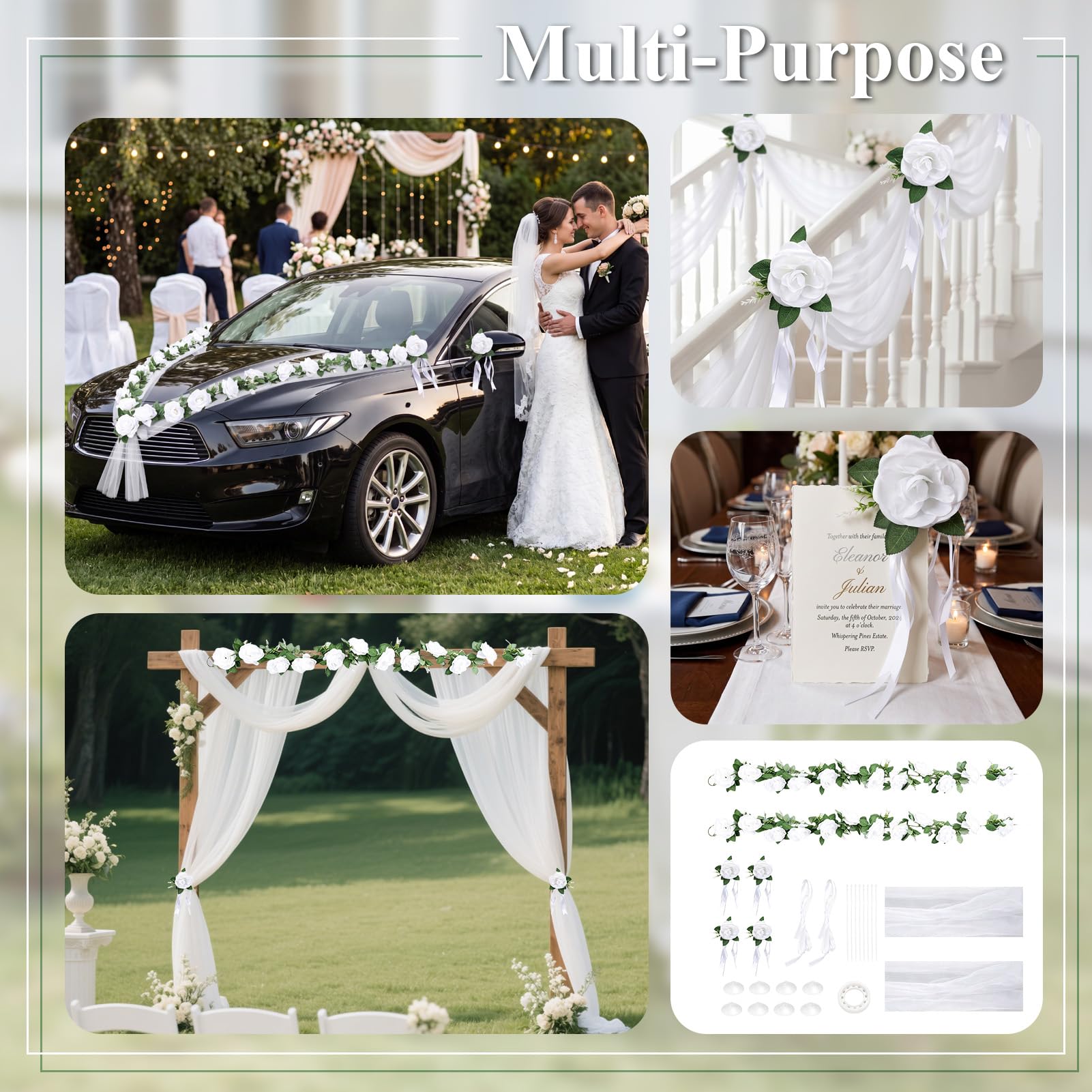 Autoschmuck Hochzeit Motorhaube, Autoschleifen Hochzeit Auto Deko, Auto Hochzeitsschmuck mit 2 x Langerförmig Girlande, 4 x Türgriffblume, 2 x 180cm Tüll – Blumenschmuck Auto Wedding Deko Girlande