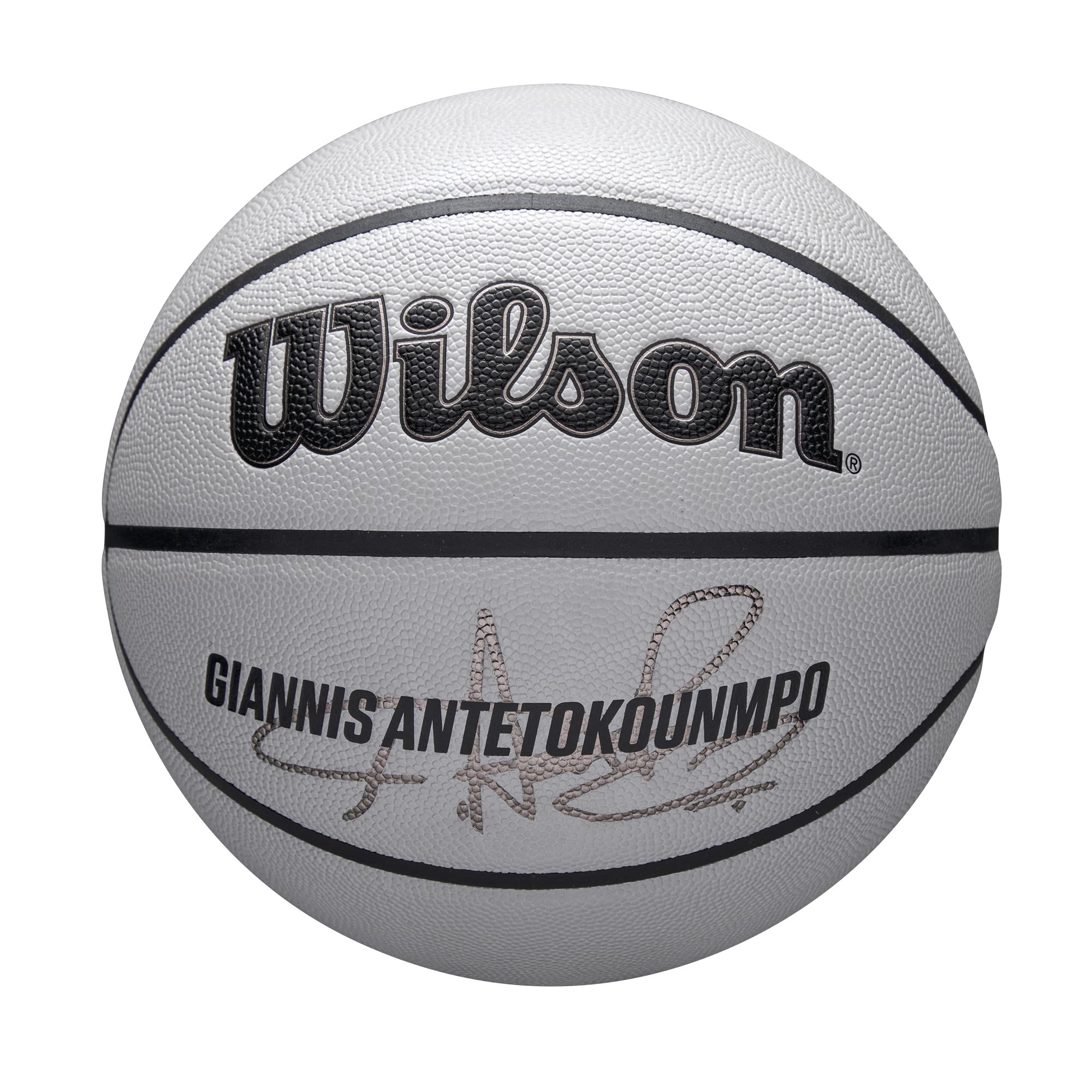 Wilson Pallone da Basket NBA Player Icon UV, Design Antetokounmpo, Con Schermatura Uv e Texture Pure Feel, Offre Un Rivestimento Con Presa Sicura e Un Rimbalzo Affidabile, Colore: Grigio, Taglia: 7.