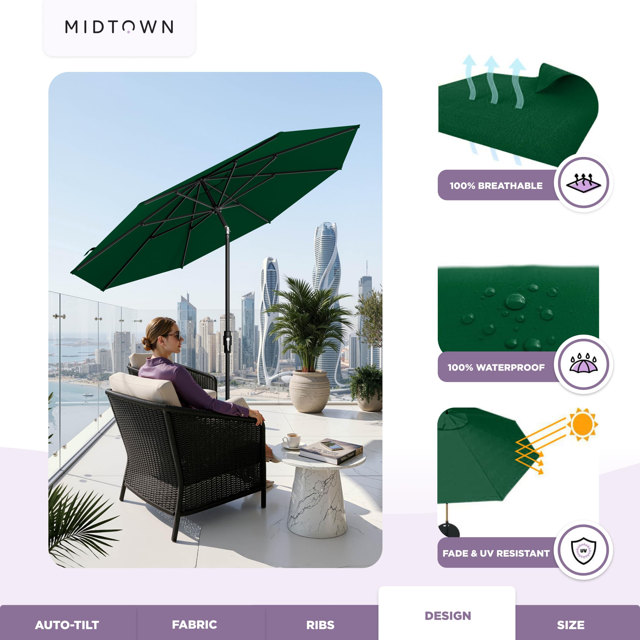 Midtown Umbrellas 8 Feet Aluminum Patio Umbrella With Fiberglass Ribs In Sunbrella Forest Green, Auto-Tilt And 360 Degrees Swivel For Optimal Shade, Kevlar Cord For Long Lasting Use : Patio