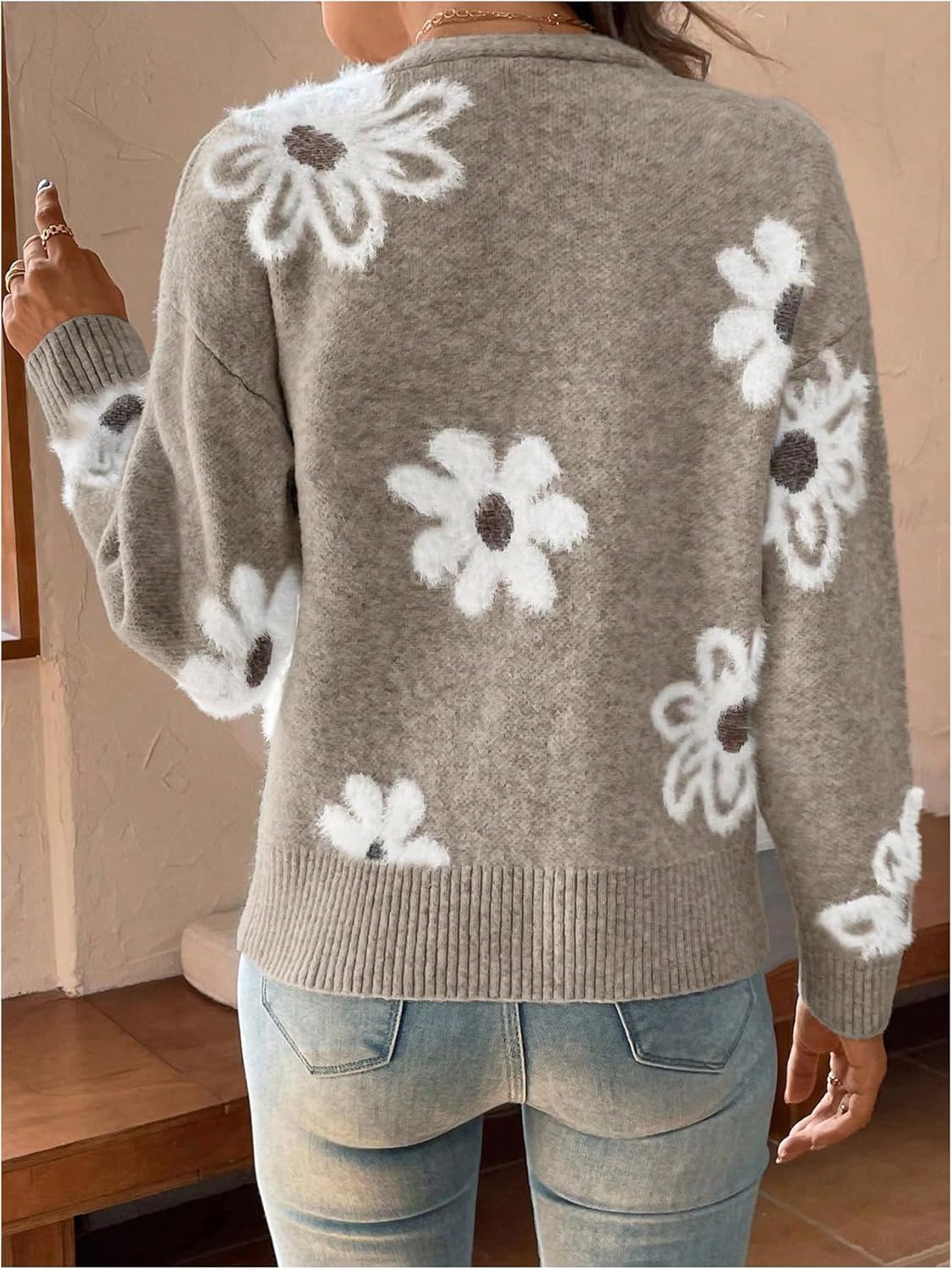 SHENHE Women's Floral Cardigan Sweater Open Front Long Sleeve Button Down Knit Sweater Outerwear - Image 2