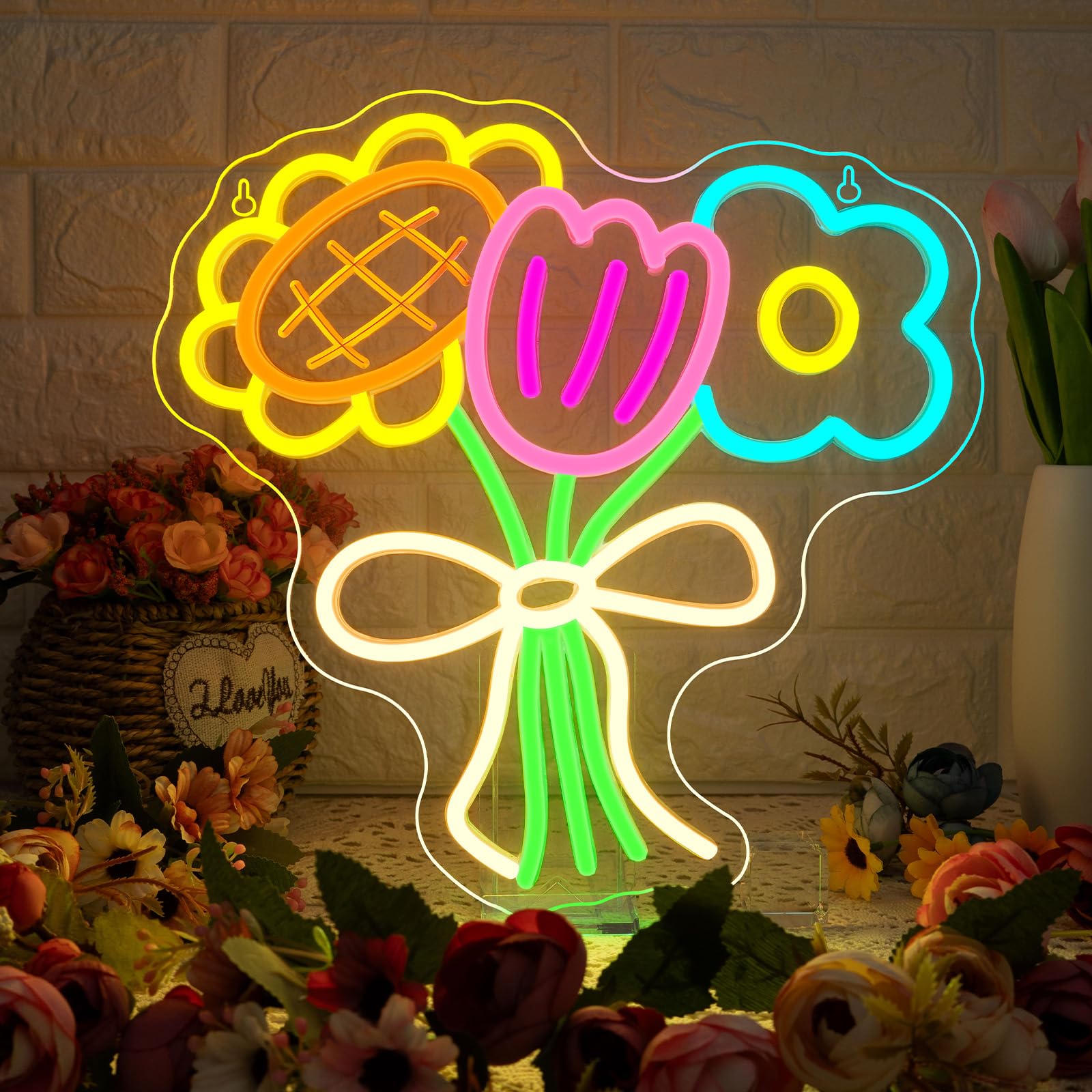 ineonlife Flower Neon Light Sign Flower Neon Sign for Wall Decor Bouquet Led Signs for Girls Room,Living Room,Relaxation Area,FlowerShop,Garden