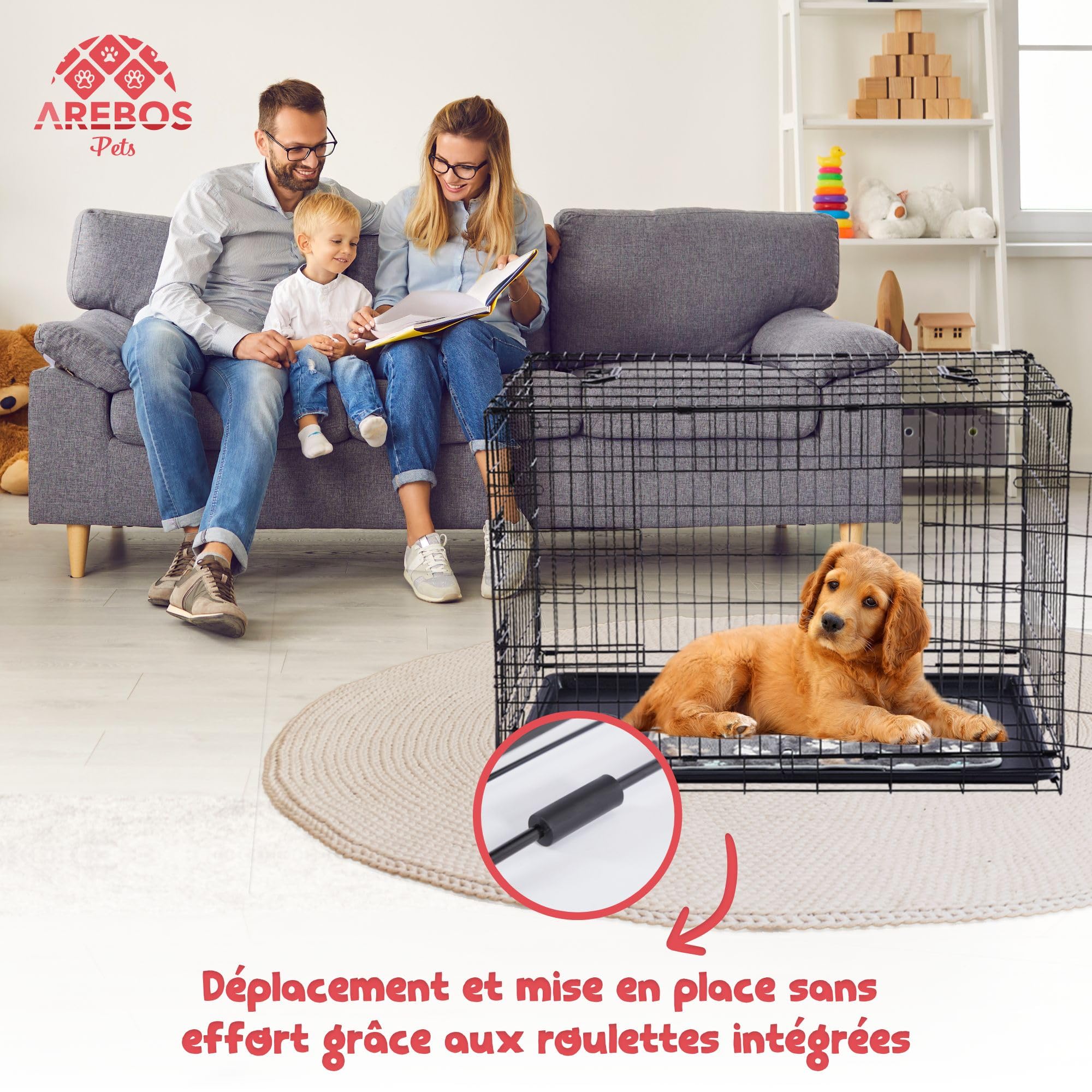 Arebos Cage pour Chien 107x71x77,5 cm | Cage de Transport Pliable pour Chien | Cage de Transport pour Chien à 2 Portes | Cage pour Chien d'intérieur | XL Noir