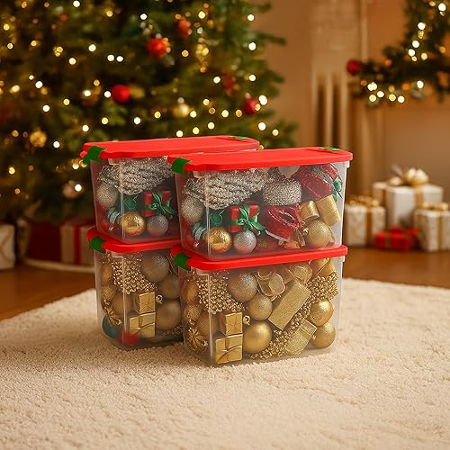 Miniatura 8 de HOMZ Paquete de 4 contenedores de almacenamiento de plástico transparente con tapas y divisores, 112 cuartos de galón, color rojo, contenedores