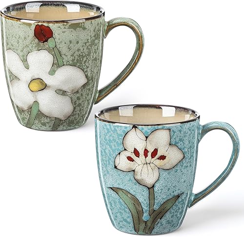 Miniatura 9 de Maxdot Juego de 2 tazas de café de cerámica de 12 onzas, proceso de esmaltado, taza de capuchino, tazas de té de cerámica floral, idea de regalo de