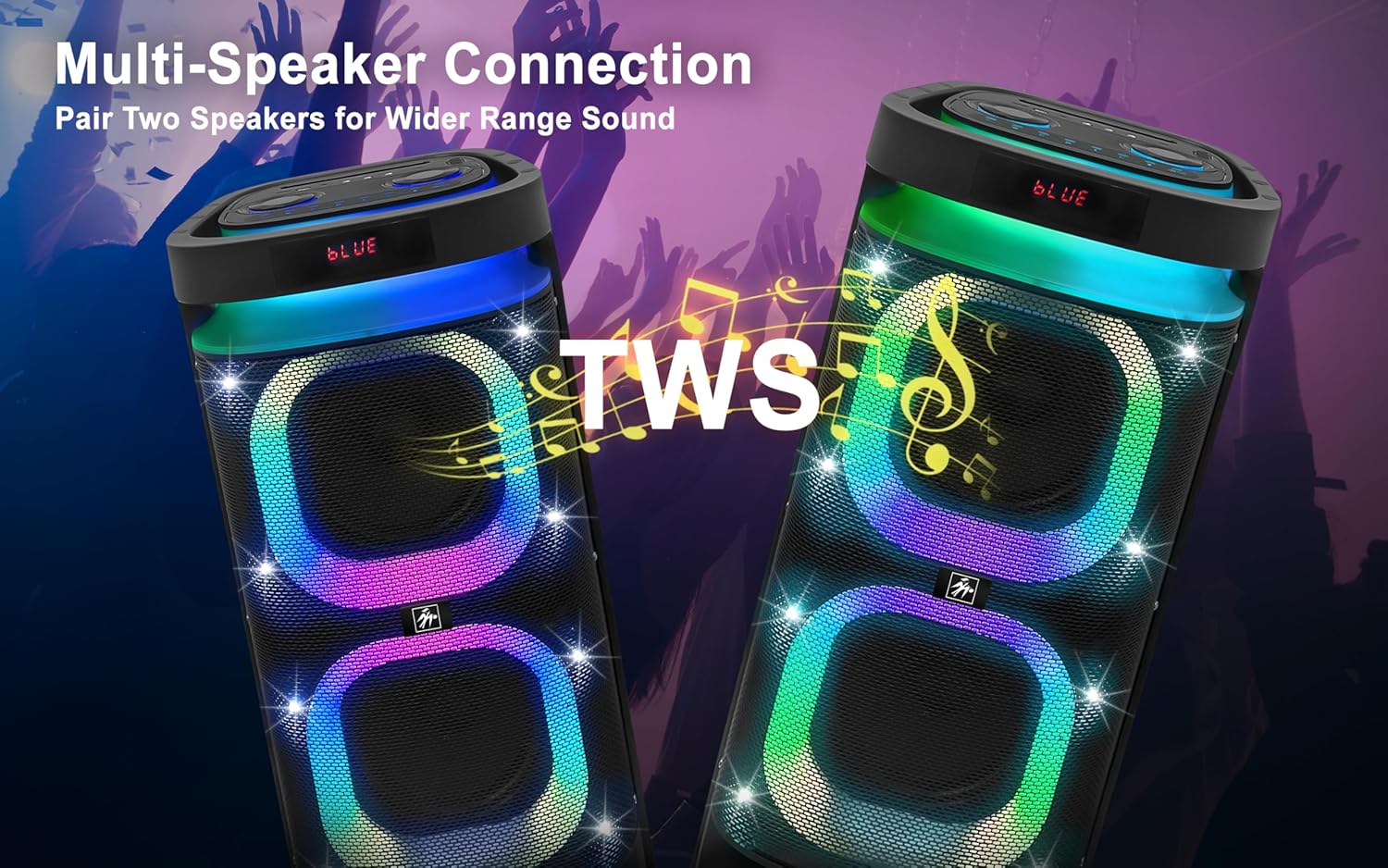 Fisher Bluetooth PA Stereo Speakers System-Karaoke Portable Wireless DJ, Dual 8" 60W PEAK Power, Loud HD Sound & LED Lights, Rechargeable, TWS, 2 MIC INPUT, Guitar Jack, FM Radio, Indoor/Outdoor Party