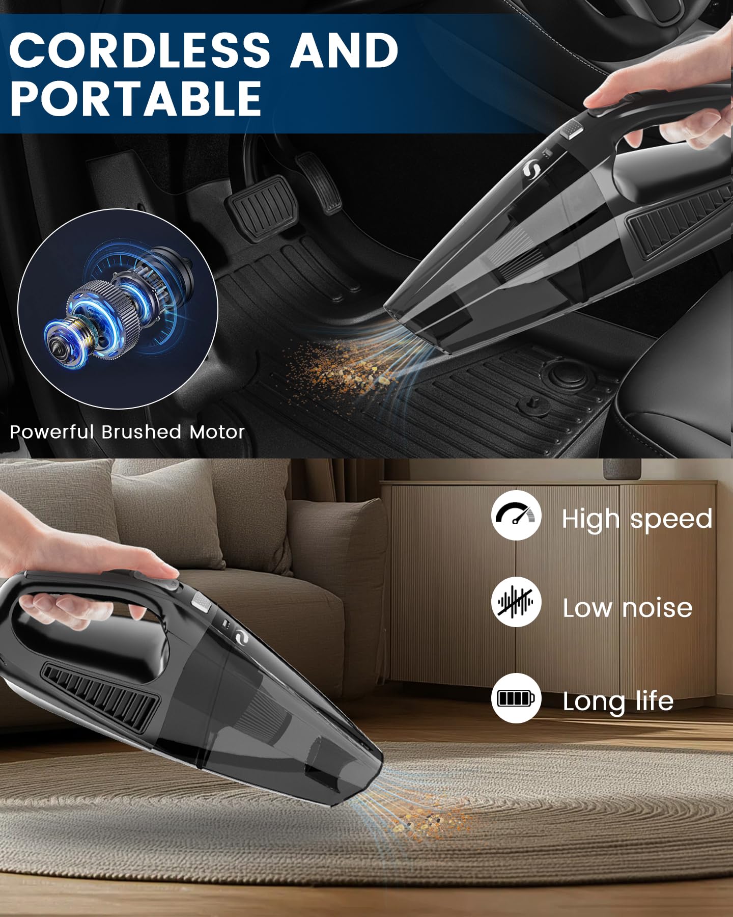 Aspirateur à Main Sans Fil SERVOMASTER - Haute Puissance 12kPa, 2 Vitesses, Filtre HEPA Lavable, Pour Voiture/maison