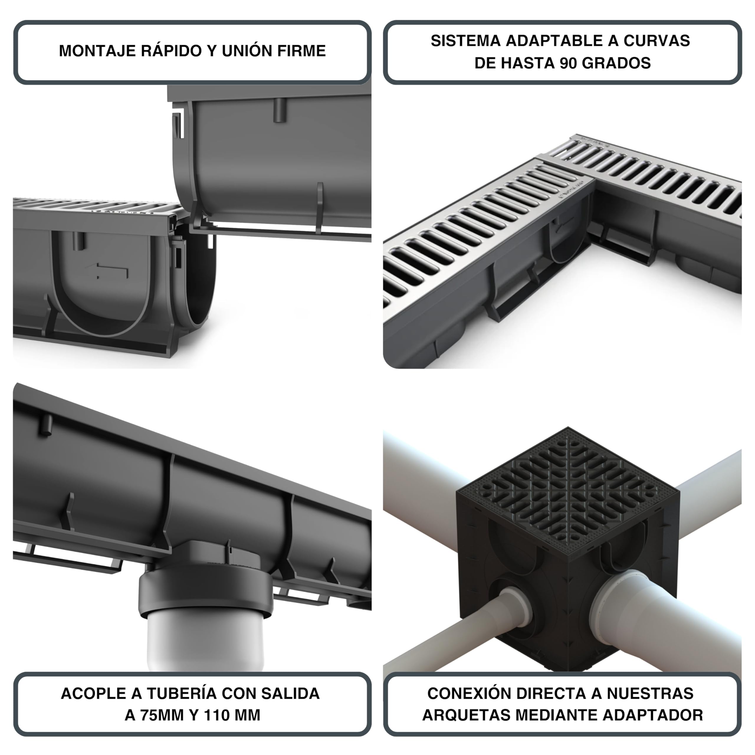 VODALAND - Canaleta de Drenaje Easy 1 con Rejilla de Acero INOXIDABLE - Kit de 5 Metros | Drenaje Eficiente y Estético para Jardines, Terrazas y Áreas Exteriores | Solución Perfecta para tu Espacio
