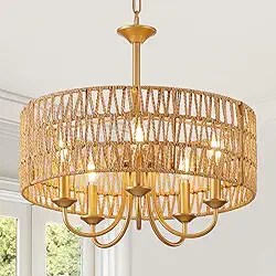 Lustre de vime grande Boho de 5 luzes, lustres de vime dourado para sala de jantar com sombra tecida à mão, luminária pendente de tambor rústico de fazenda para sala de estar, corredor, hall de