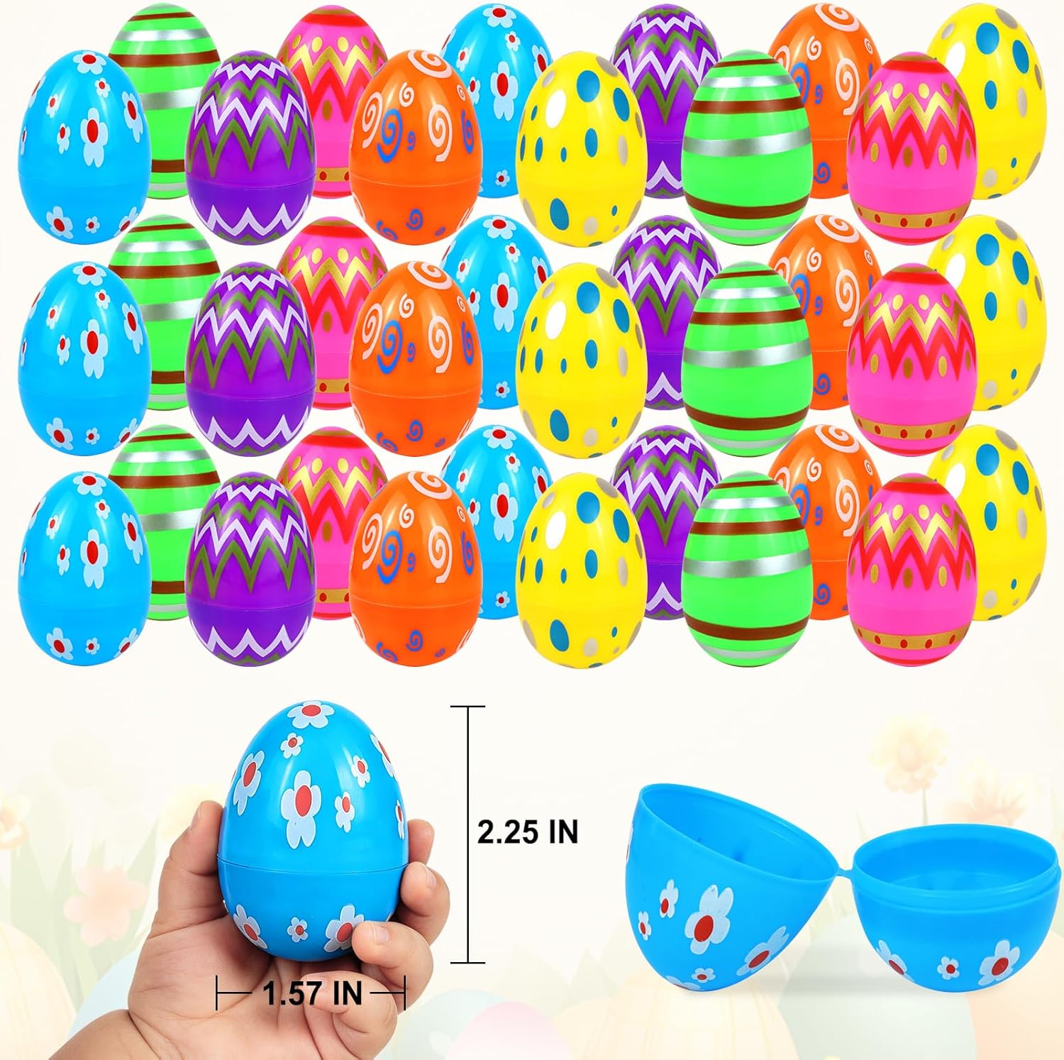 Plastic Easter Eggs Empty, 36 PCS Plastic Easter Eggs Fillable Bulk, Printed Bright Colorful Easter Eggs Decorations for Easter Eggs Hunt Party Favors Easter Basket Stuffers