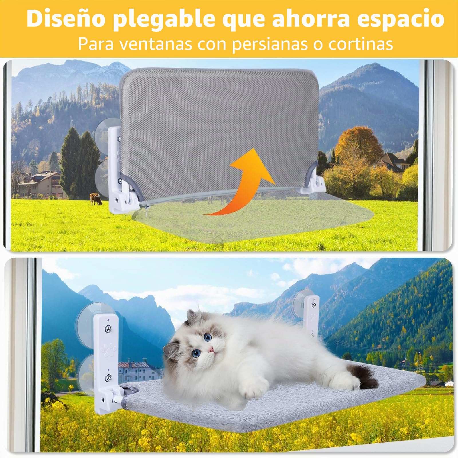 Hamaca para ventana para gatos, cama de felpa, 45 x 30 cm, plegable y estable, 4 ventosas fuertes de hasta 18 kg (gris)