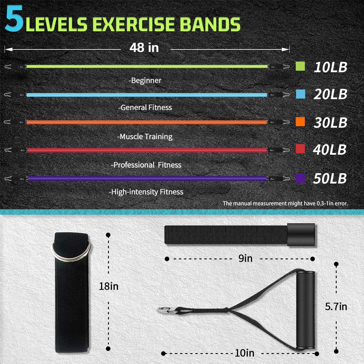 VEICK - Bandes de résistance d’entraînement, avec poignées, pour homme et femme, bandes d'exercice élastiques pour fitness, exercices à la maison, salle de sport