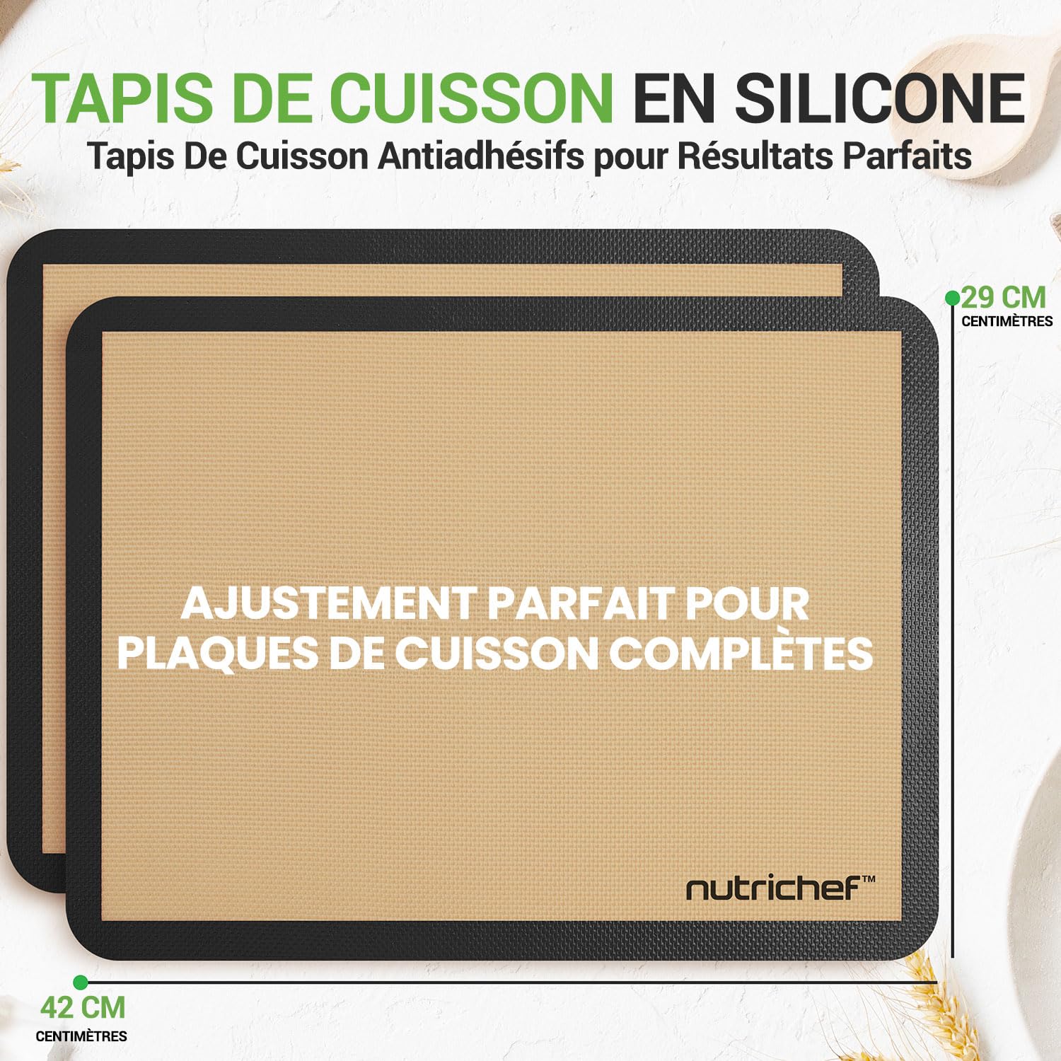 NutriChef Tapis Cuisson Silicone Grand Format 62 x 42 cm Lot de 2 – Tapis Four Antiadhésif Réutilisable, Résistant Jusqu’à 250 °C, Compatible Congélateur et Lave-Vaisselle, Noir