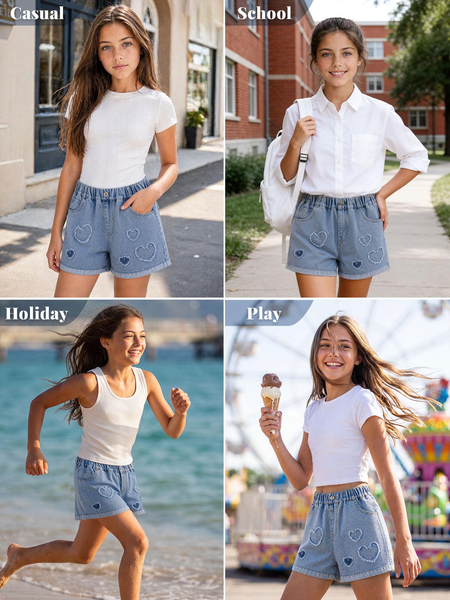 Rolanko Pantaloncini in jeans da bambina a gamba larga larghi in denim con elastico in vita pantaloncini estivi con tasca 6-14 anni